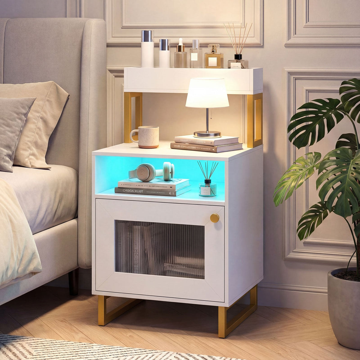 Nightstand with LED Lights Modern End Table with Top Tray Open Compartment and Storage Cabinet-White-Nightstands-DECOROLALA