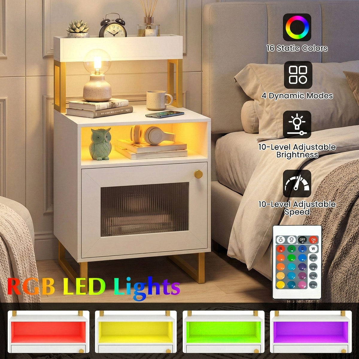 Nightstand with LED Lights Modern End Table with Top Tray Open Compartment and Storage Cabinet-White-Nightstands-DECOROLALA