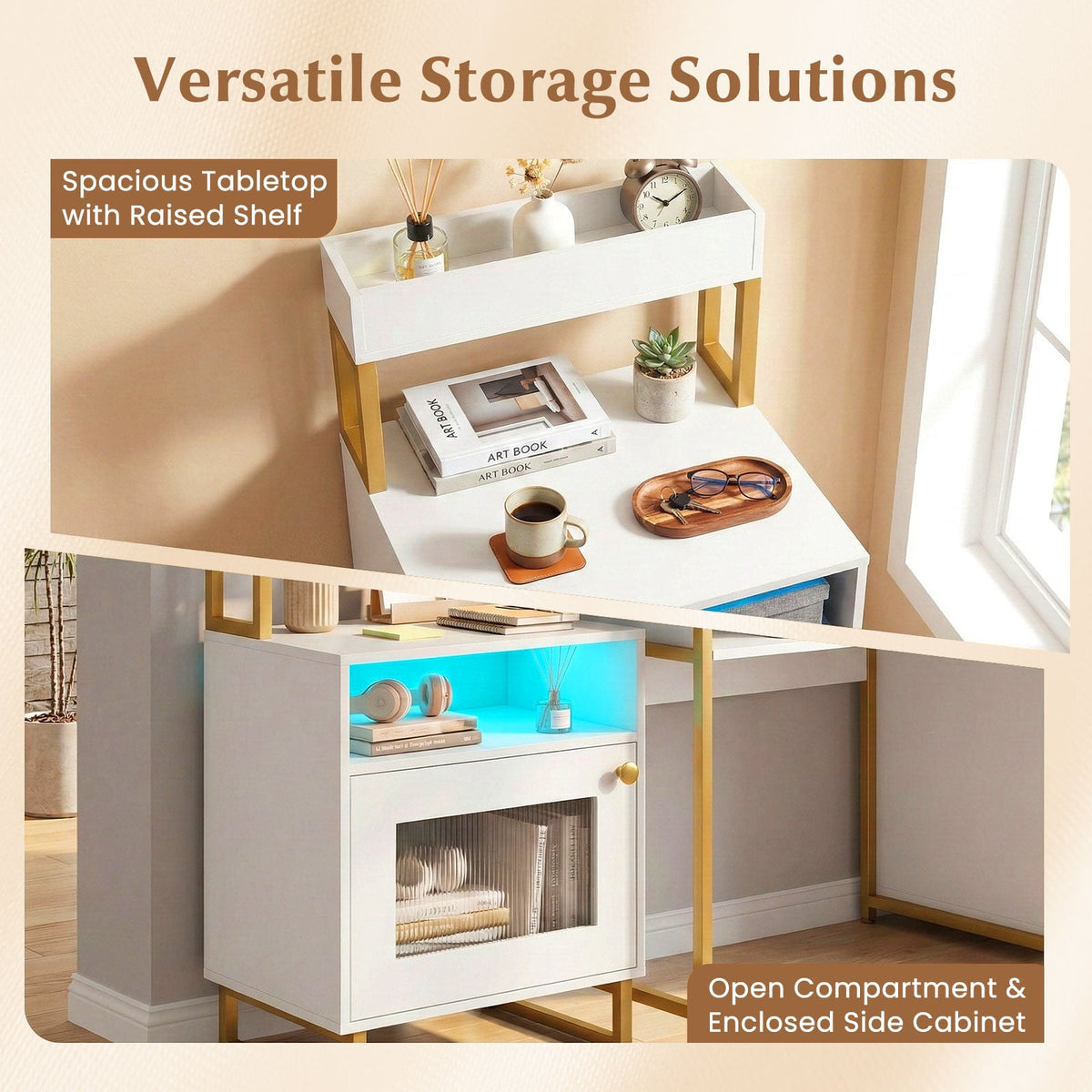 Nightstand with LED Lights Modern End Table with Top Tray Open Compartment and Storage Cabinet-White-Nightstands-DECOROLALA
