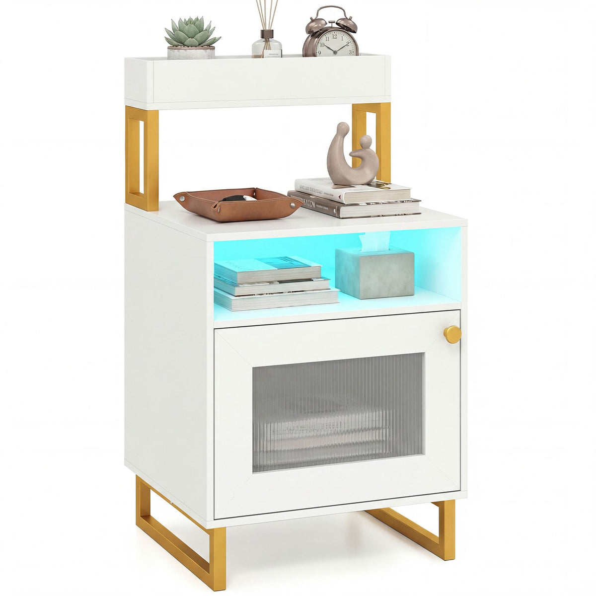 Nightstand with LED Lights Modern End Table with Top Tray Open Compartment and Storage Cabinet-White-Nightstands-DECOROLALA