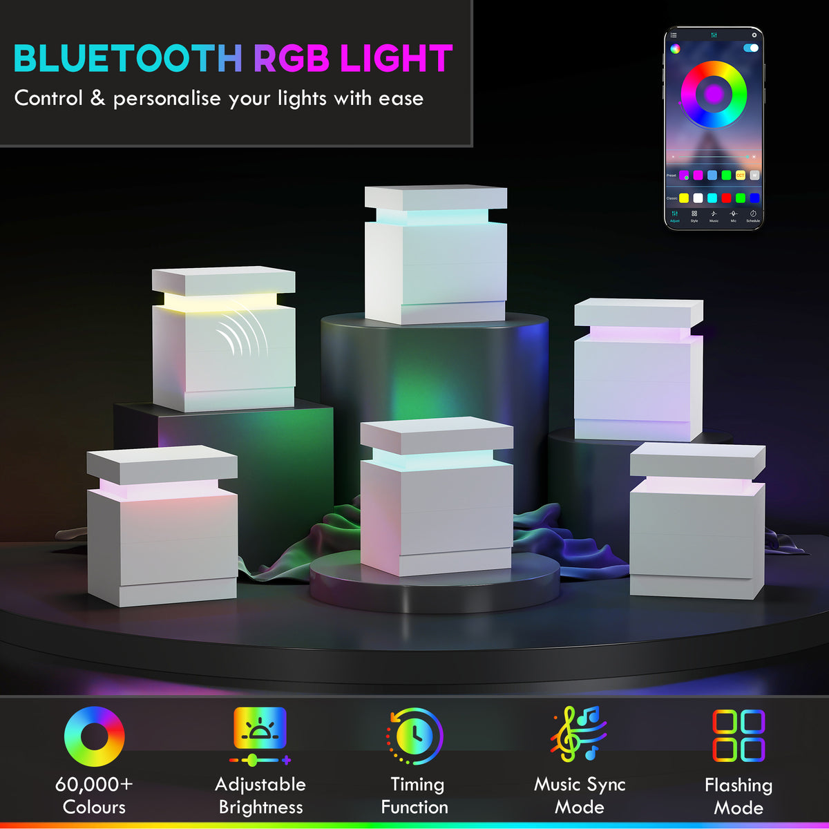 Nightstand with LED Lights and 2 Drawers - White-Home Furnishings > Bedroom Furniture > Bedside Tables-DECOROLALA