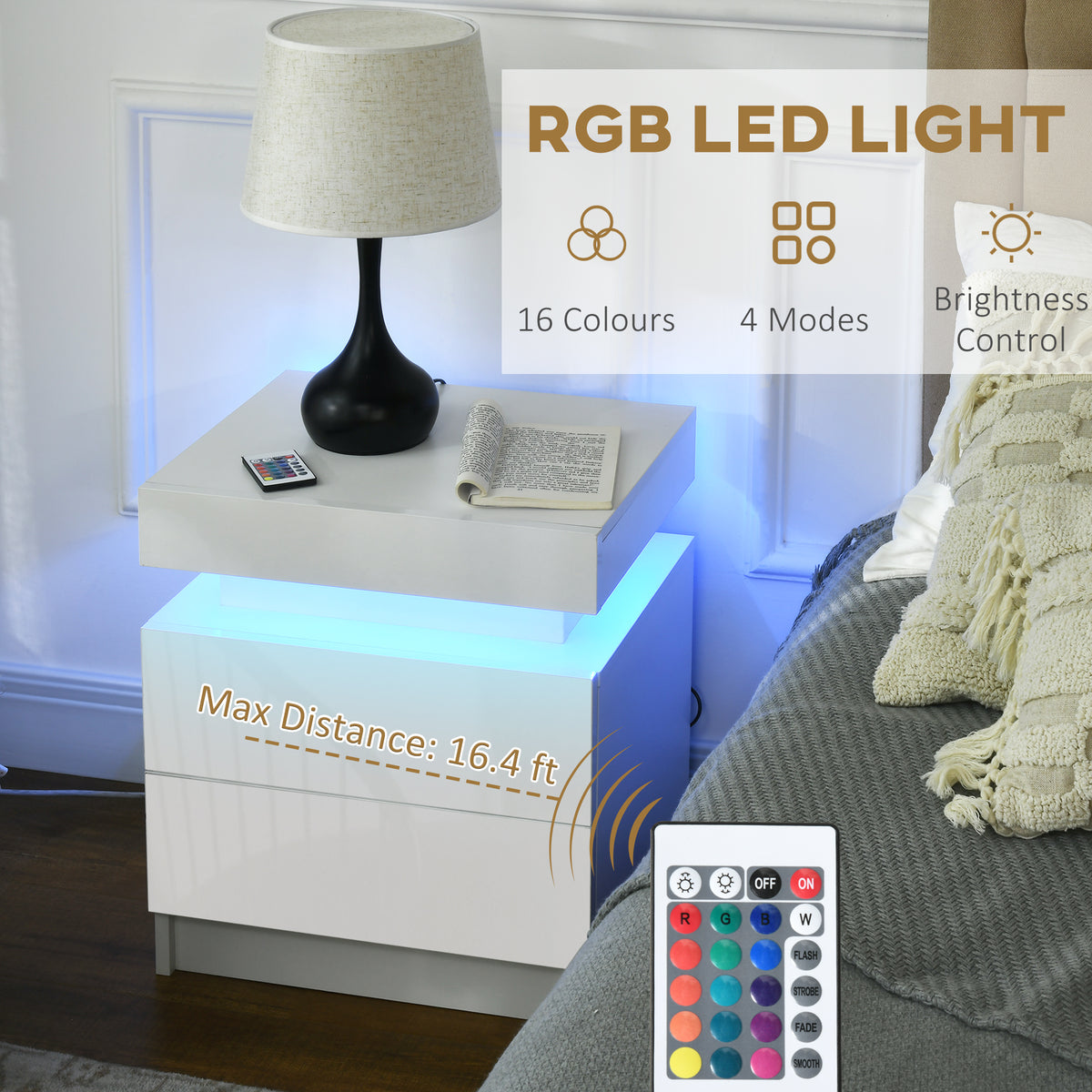 Nightstand with LED Lights and 2 Drawers - White-Home Furnishings > Bedroom Furniture > Bedside Tables-DECOROLALA
