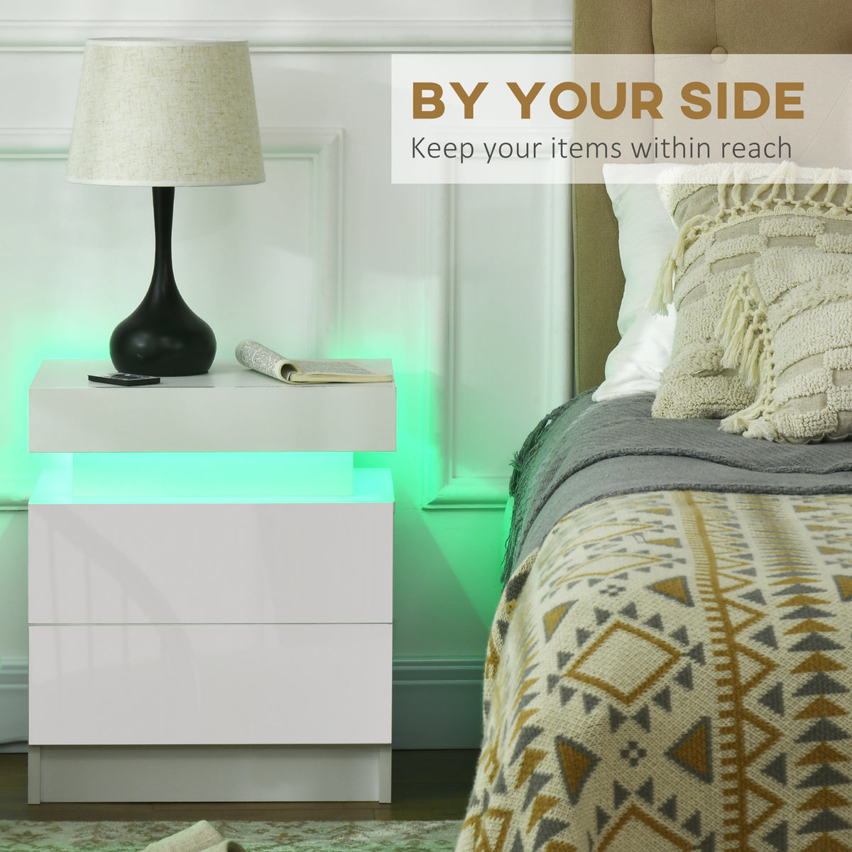 Nightstand with LED Lights and 2 Drawers - White-Home Furnishings > Bedroom Furniture > Bedside Tables-DECOROLALA