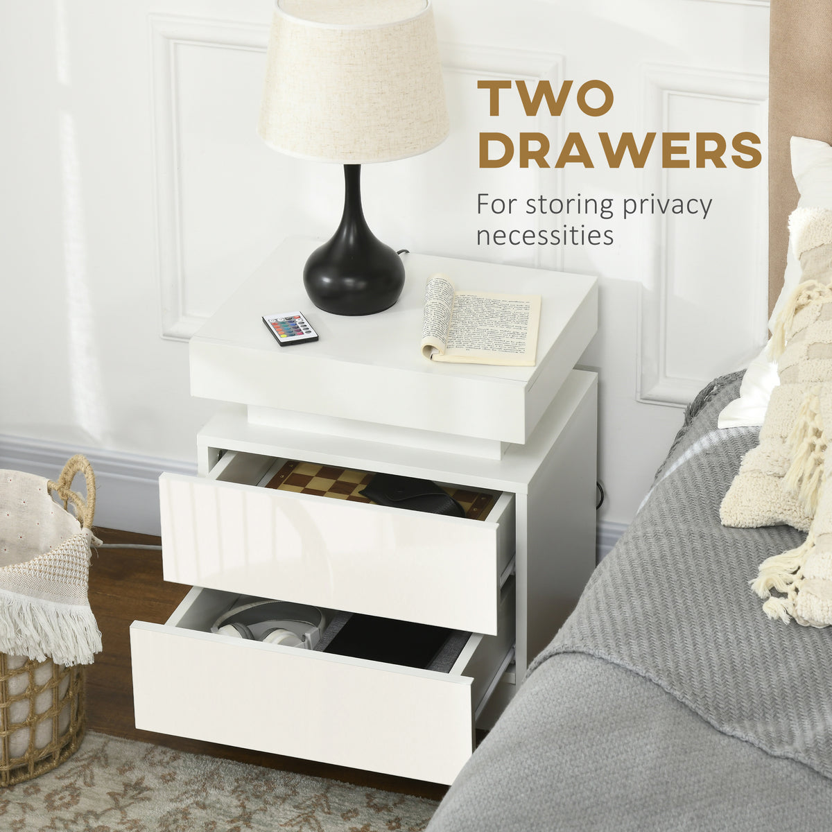 Nightstand with LED Lights and 2 Drawers - White-Home Furnishings > Bedroom Furniture > Bedside Tables-DECOROLALA