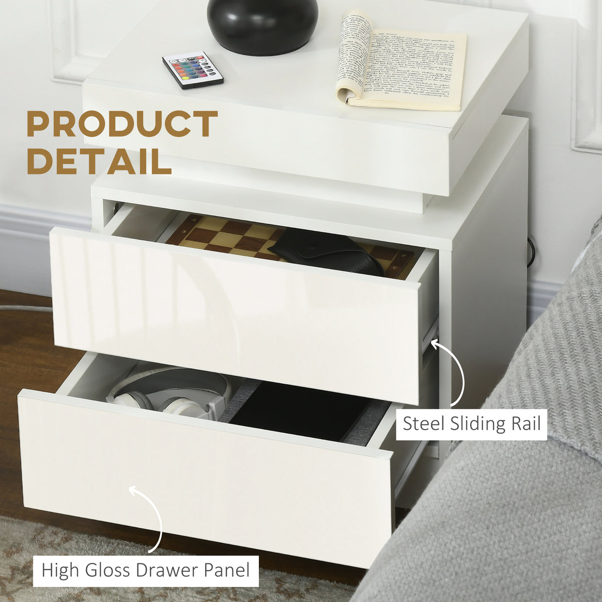Nightstand with LED Lights and 2 Drawers - White-Home Furnishings > Bedroom Furniture > Bedside Tables-DECOROLALA