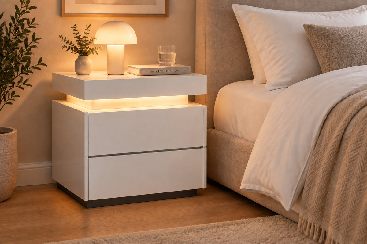 Nightstand with LED Lights and 2 Drawers - White-Nightstands-DECOROLALA