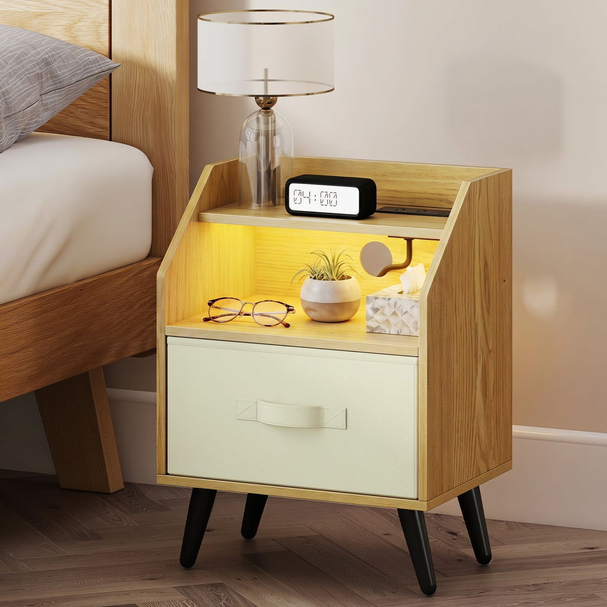 Nightstand with Power Outlets and Open Storage Shelf-Natrual-Nightstands-DECOROLALA