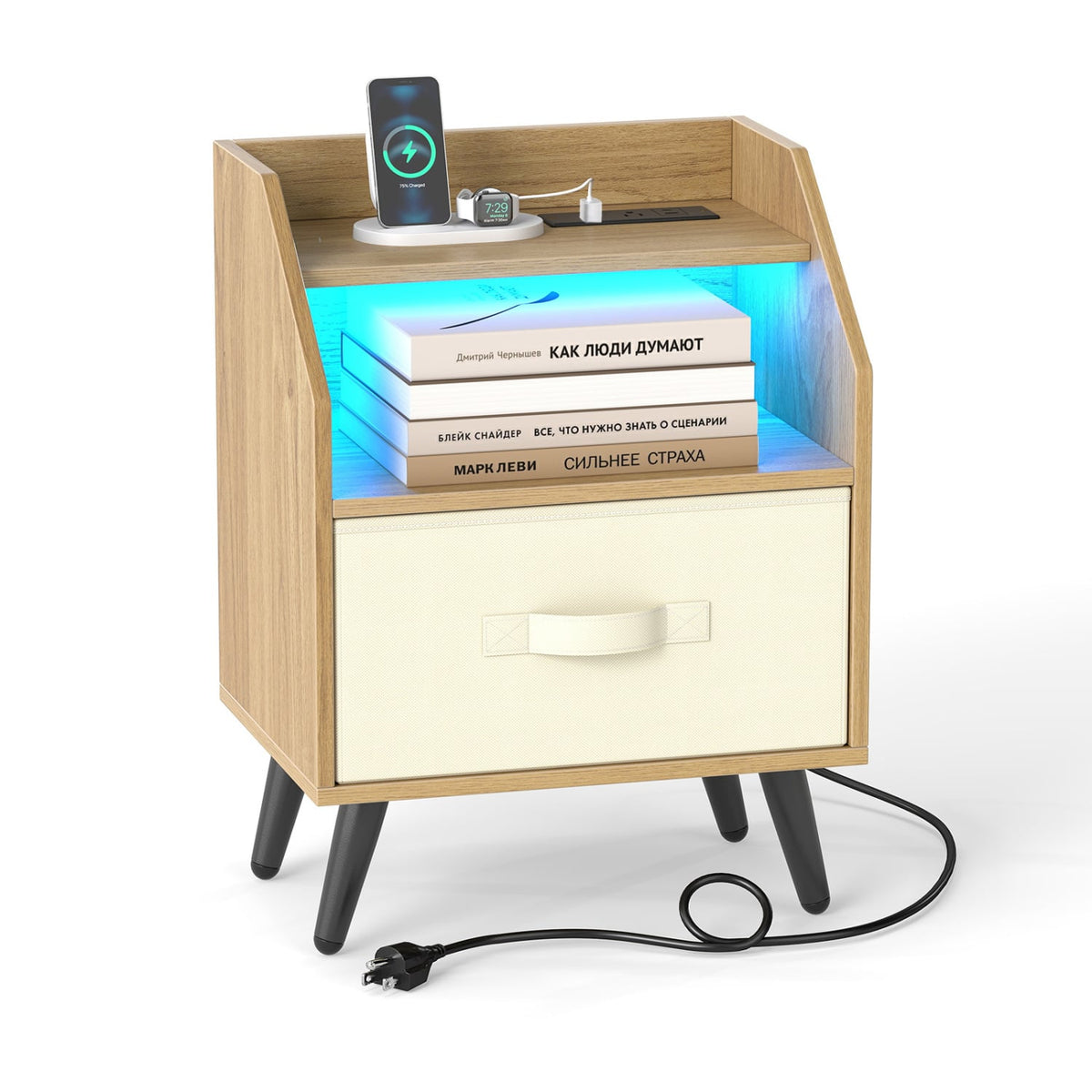 Nightstand with Power Outlets and Open Storage Shelf-Natrual-Nightstands-DECOROLALA
