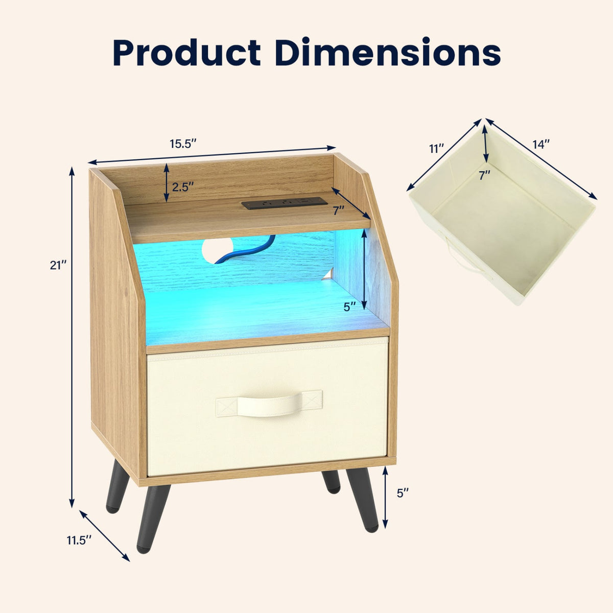 Nightstand with Power Outlets and Open Storage Shelf-Natrual-Nightstands-DECOROLALA