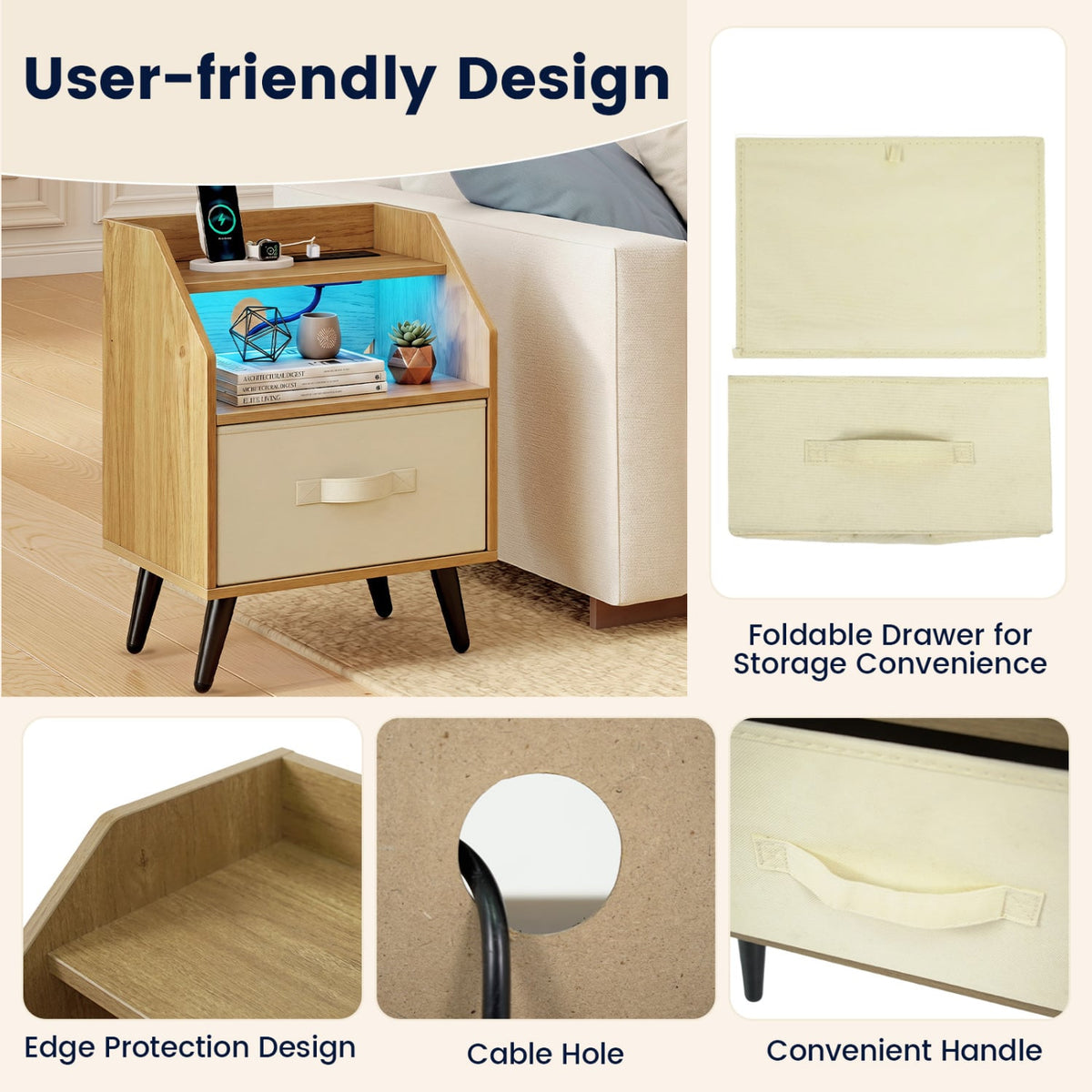 Nightstand with Power Outlets and Open Storage Shelf-Natrual-Nightstands-DECOROLALA