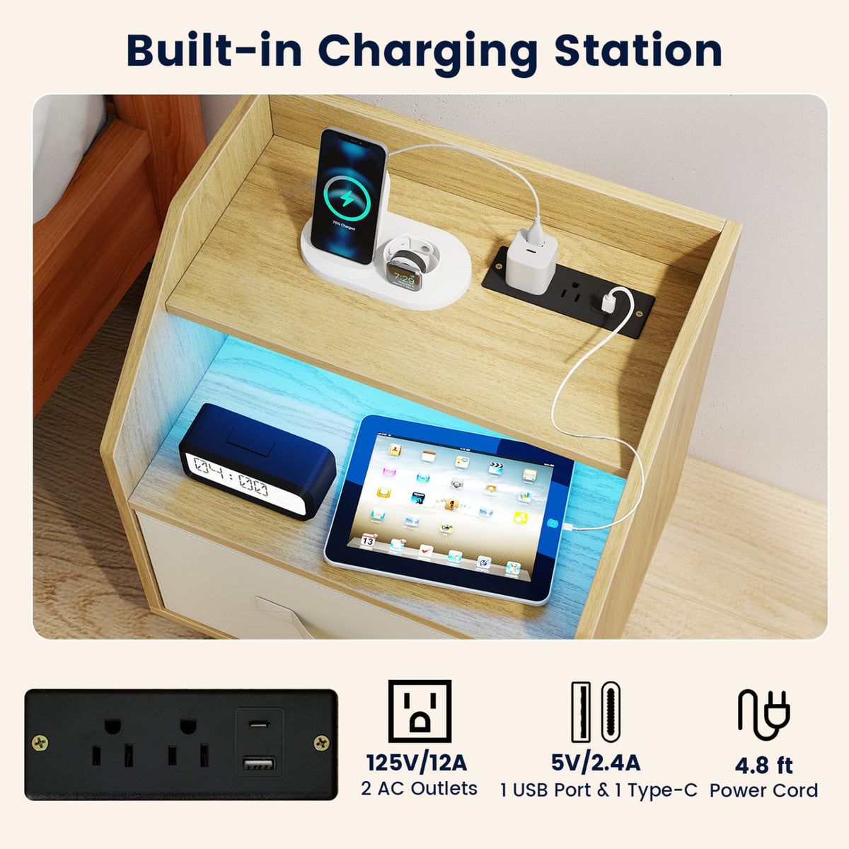 Nightstand with Power Outlets and Open Storage Shelf-Natrual-Nightstands-DECOROLALA