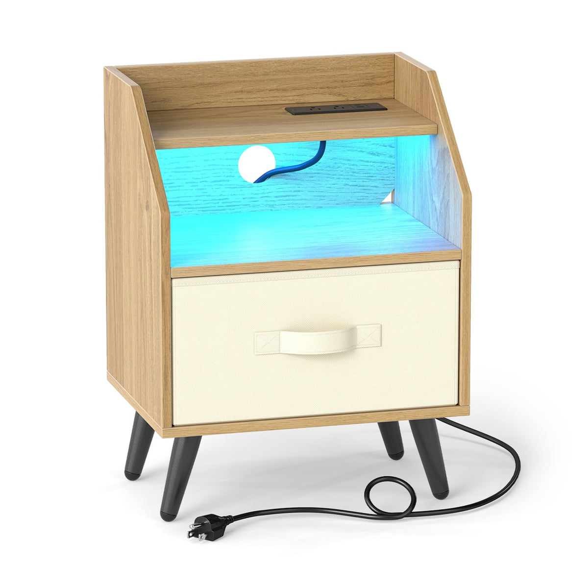 Nightstand with Power Outlets and Open Storage Shelf-Natrual-Nightstands-DECOROLALA
