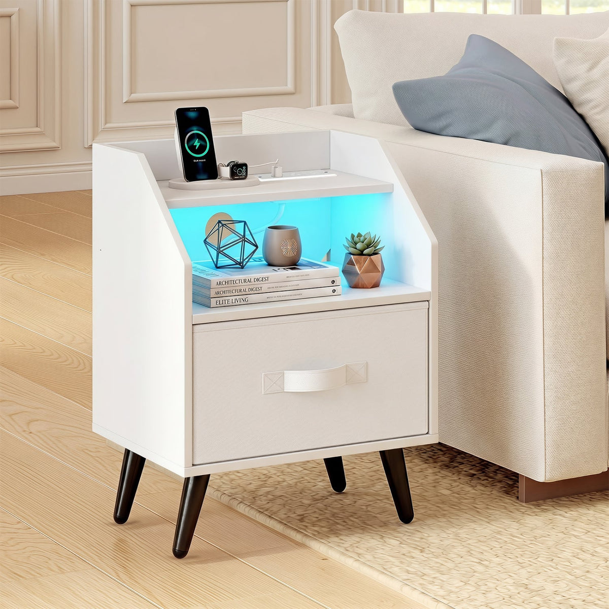 Nightstand with Power Outlets and Open Storage Shelf for Living Room-White-Nightstands-DECOROLALA