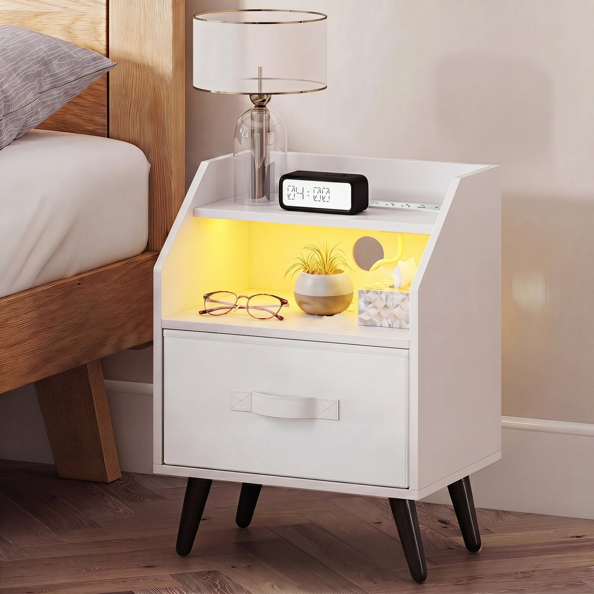 Nightstand with Power Outlets and Open Storage Shelf for Living Room-White-Nightstands-DECOROLALA