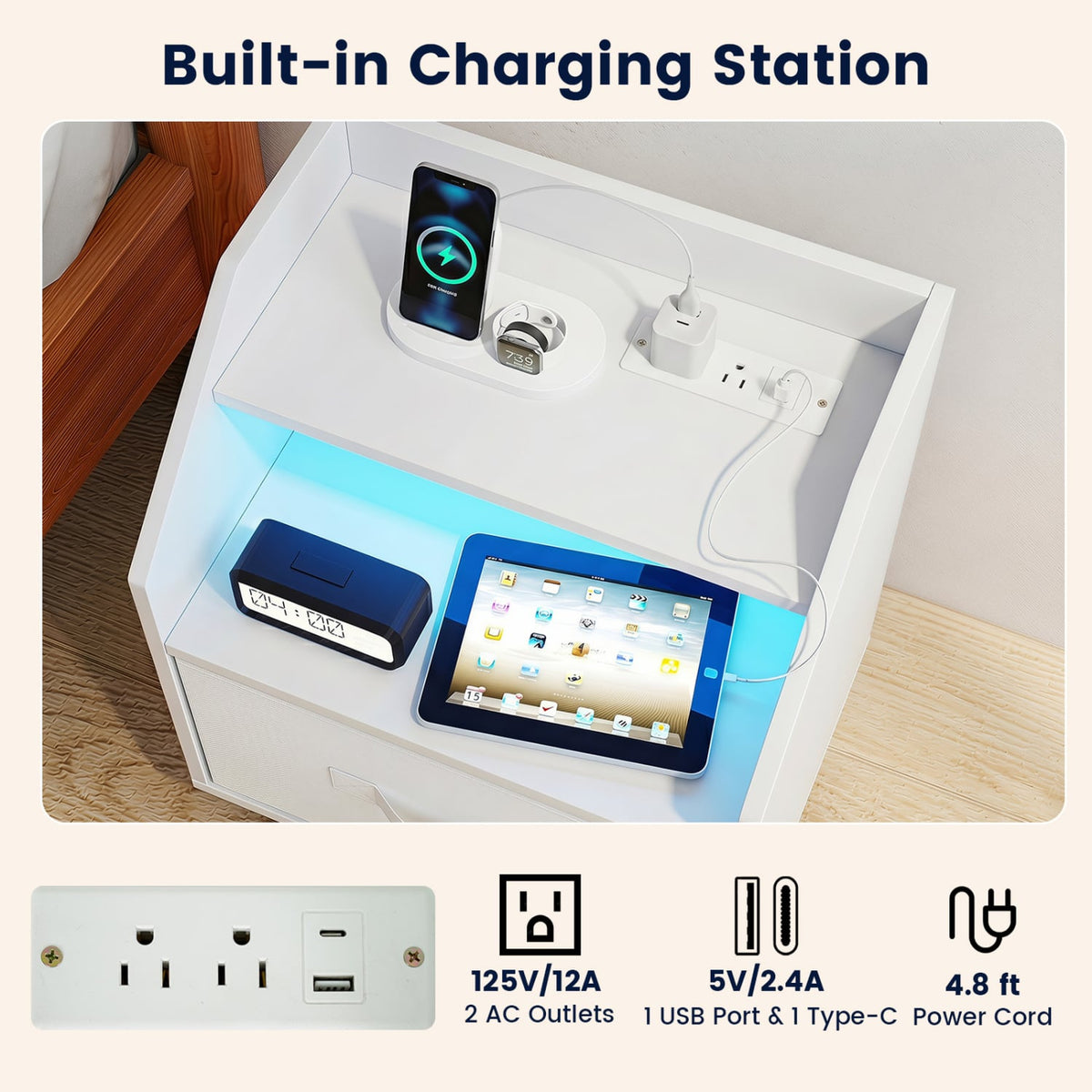 Nightstand with Power Outlets and Open Storage Shelf for Living Room-White-Nightstands-DECOROLALA