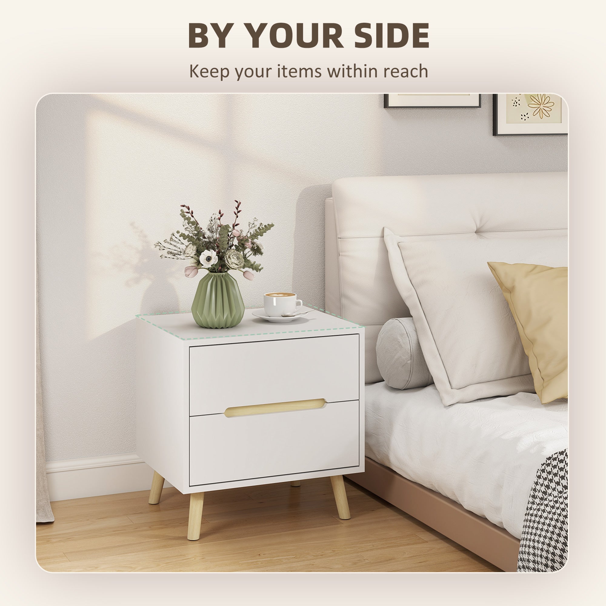 Nightstands Set of 2, Bedside Table with 2 Drawers, Modern Side End Table with Solid Wood Legs for Bedroom, White-Home Furnishings > Bedroom Furniture > Bedside Tables-DECOROLALA