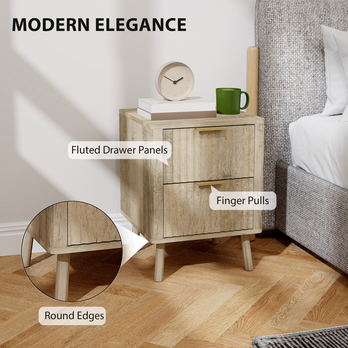 Nightstands Set of 2 - Oak Fluted 2-Drawer Bedside Tables-Home Furnishings > Bedroom Furniture > Bedside Tables-DECOROLALA