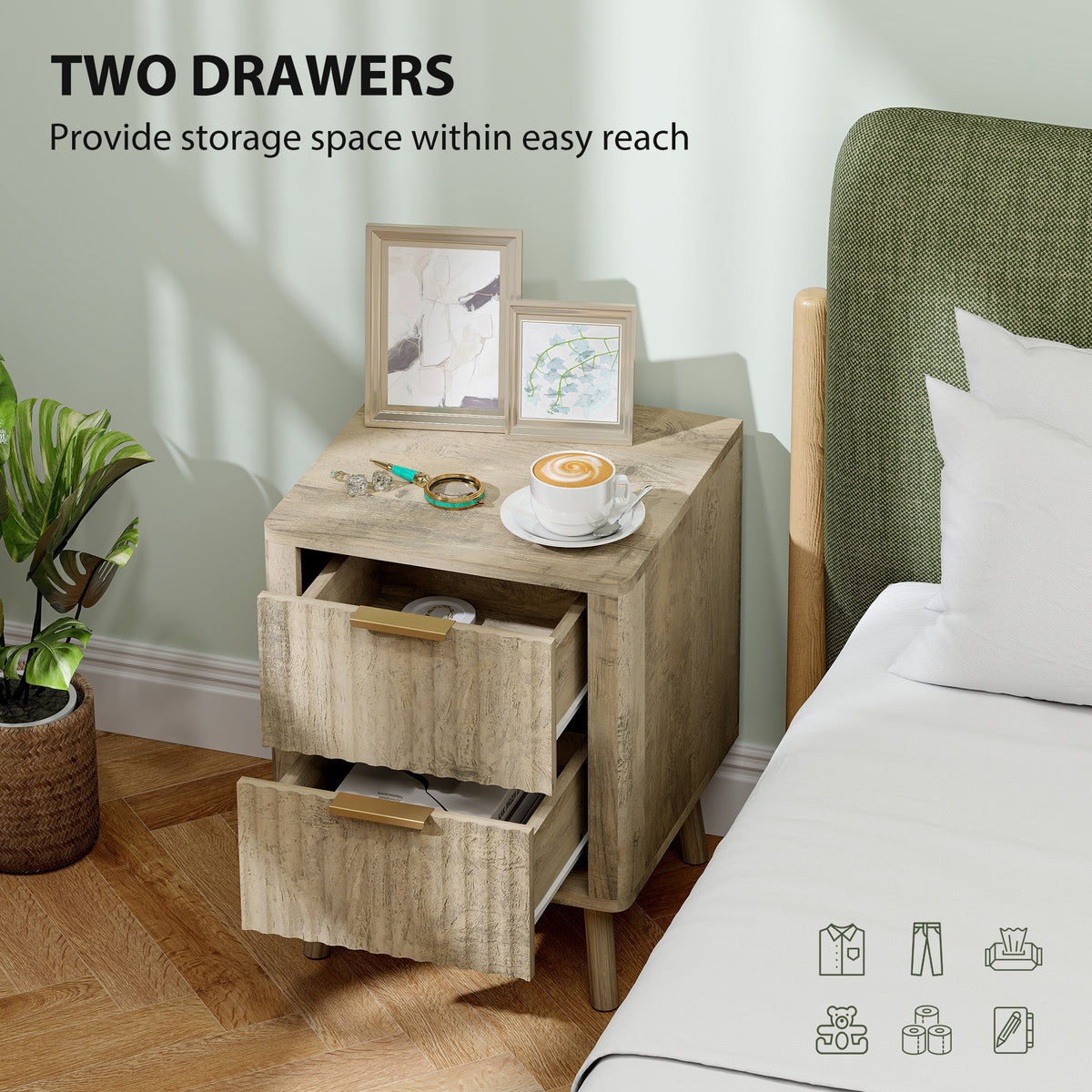 Nightstands Set of 2 - Oak Fluted 2-Drawer Bedside Tables-Home Furnishings > Bedroom Furniture > Bedside Tables-DECOROLALA