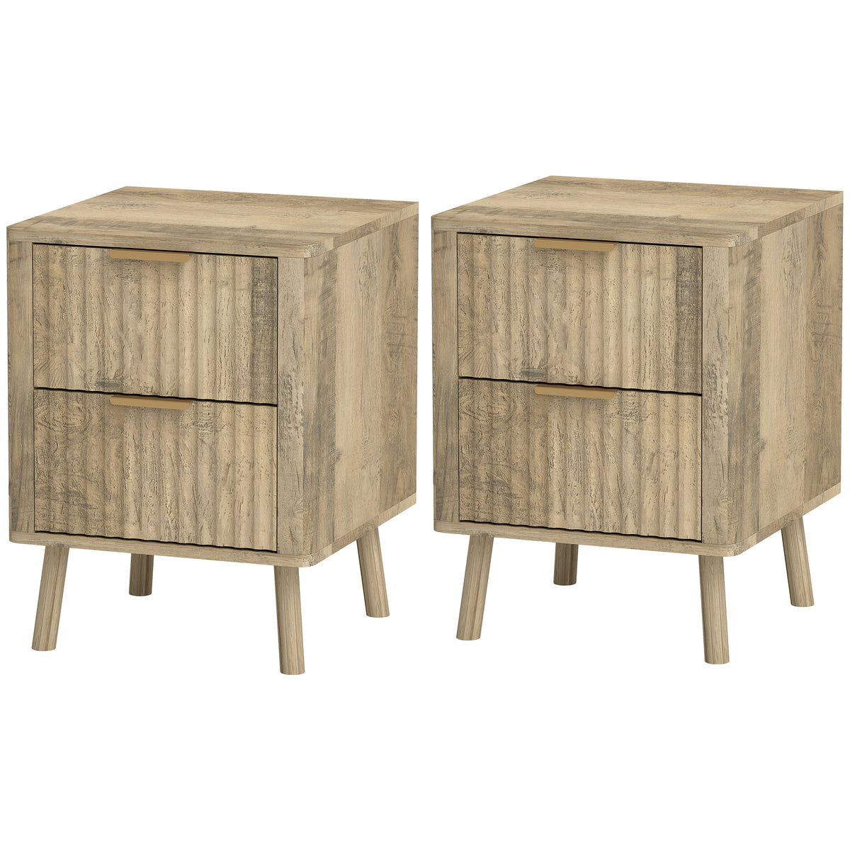 Nightstands Set of 2 - Oak Fluted 2-Drawer Bedside Tables-Home Furnishings > Bedroom Furniture > Bedside Tables-DECOROLALA