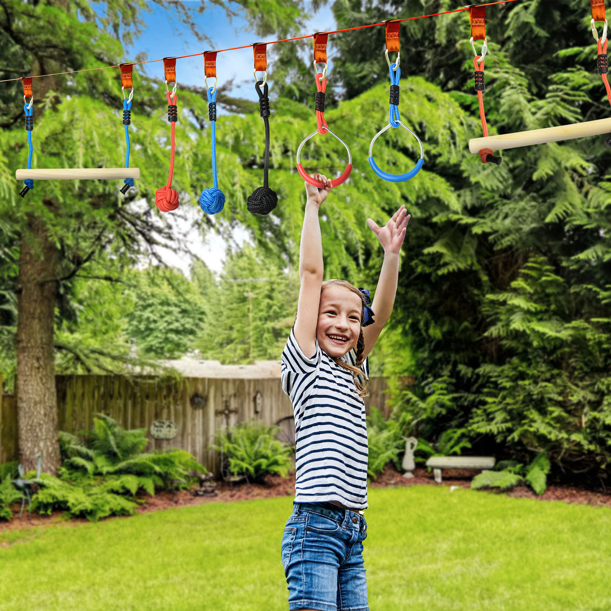 Ninja Slackline Set, 30-Piece, 10m Rope with Obstacles, Climbing Frame, Playset Equipment for Children Aged 3-6-Toys & Games > Kids Outdoor Play > Gym Sets & Swings-DECOROLALA