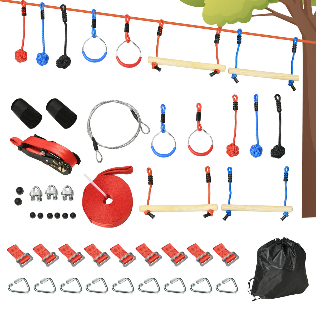 Ninja Slackline Set, 30-Piece, 10m Rope with Obstacles, Climbing Frame, Playset Equipment for Children Aged 3-6-Toys & Games > Kids Outdoor Play > Gym Sets & Swings-DECOROLALA