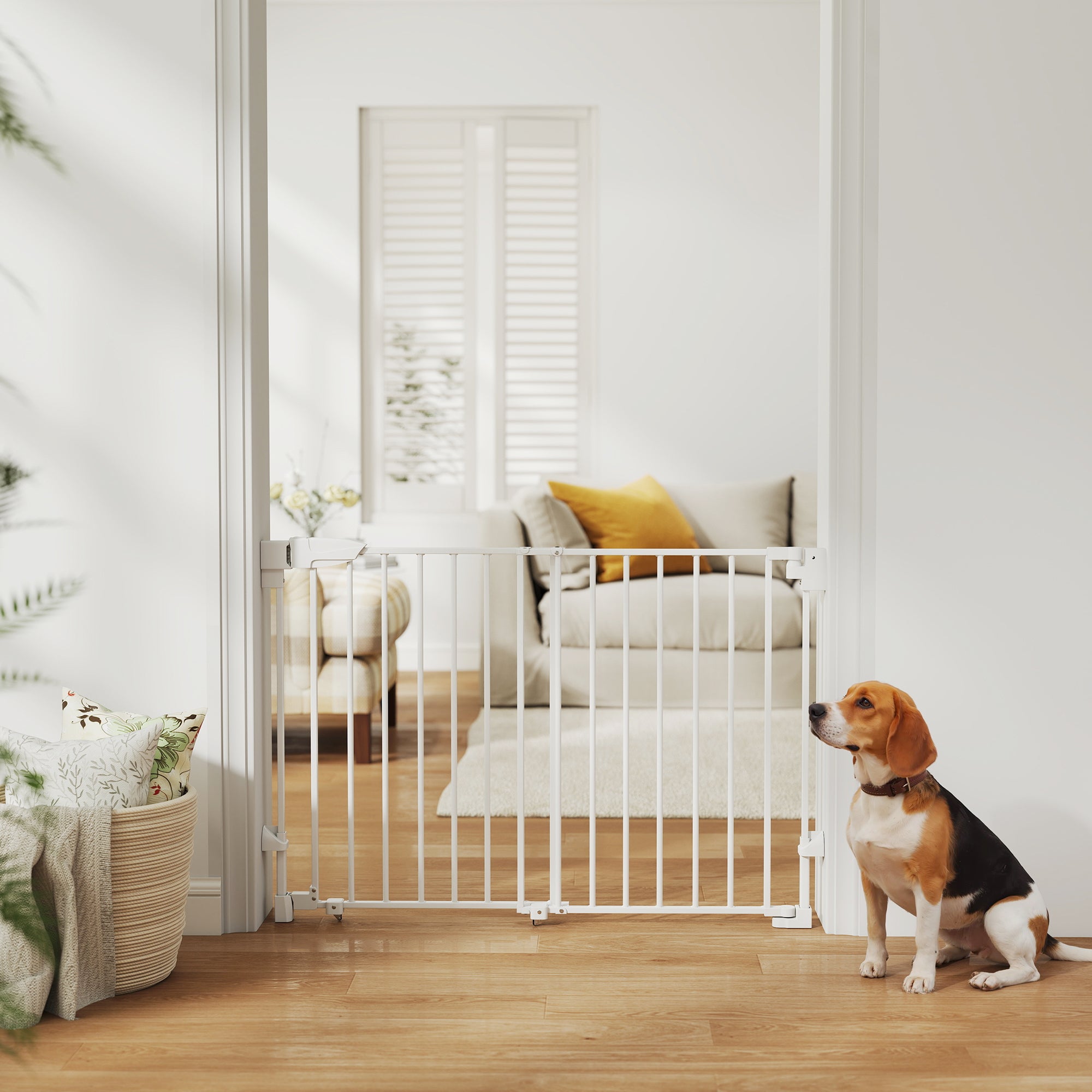 29"-44" Wide Dog Gate, 29" H, Pet Gate with Auto-Close, Single Hand Operation, Wall-Mounted, No-Threshold Design