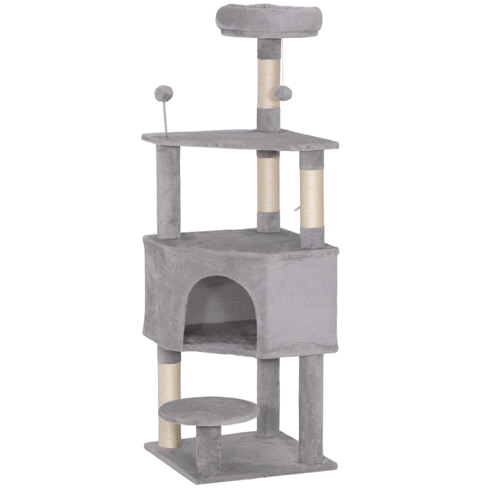 54 Inch Cat Tree with Large Condo, Top Perch, Sisal Scratching Posts, Dangling Toy Ball,Light Grey