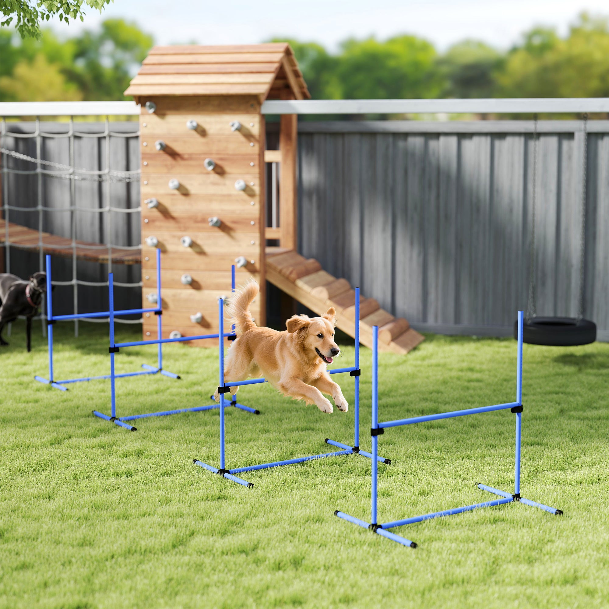 Ensemble de 4 équipements d’entraînement à l’agilité pour chiens, barre de saut réglable, kit d’exercice pour animaux avec sac de transport (Bleu)