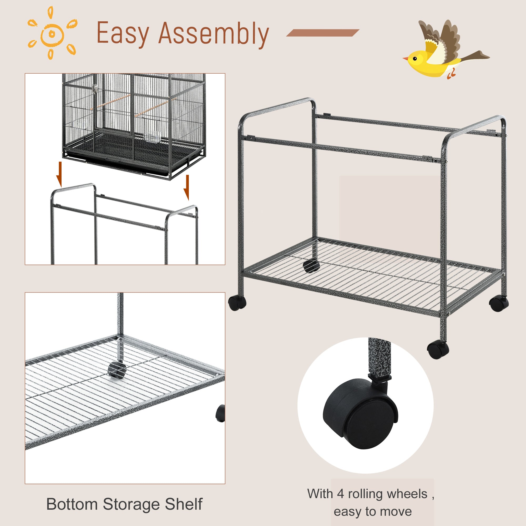Large Rolling Metal Bird Cage Bird House with Detachable Rolling Stand, Storage Shelf, Wood Perch Food Container - Black