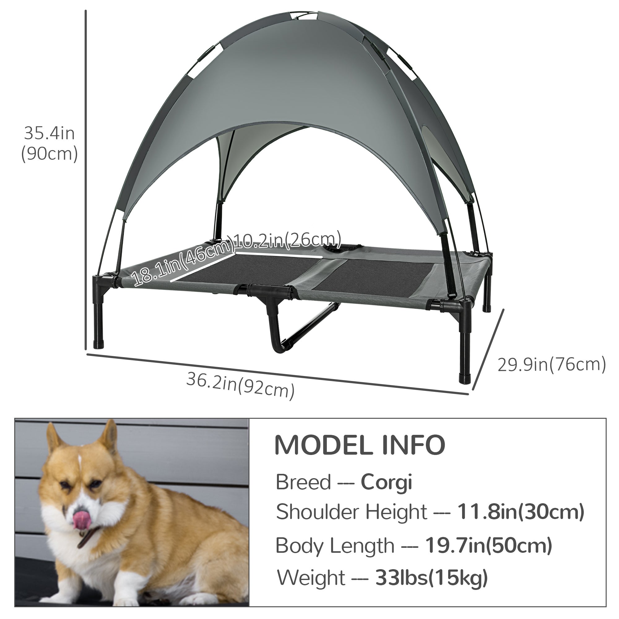 Grand lit surélevé pour chien 6.2" L X 29.9" W 36.2" H, pliable, avec auvent, pour chat et chien, adapté à l’extérieur, avec sac de transport, gris