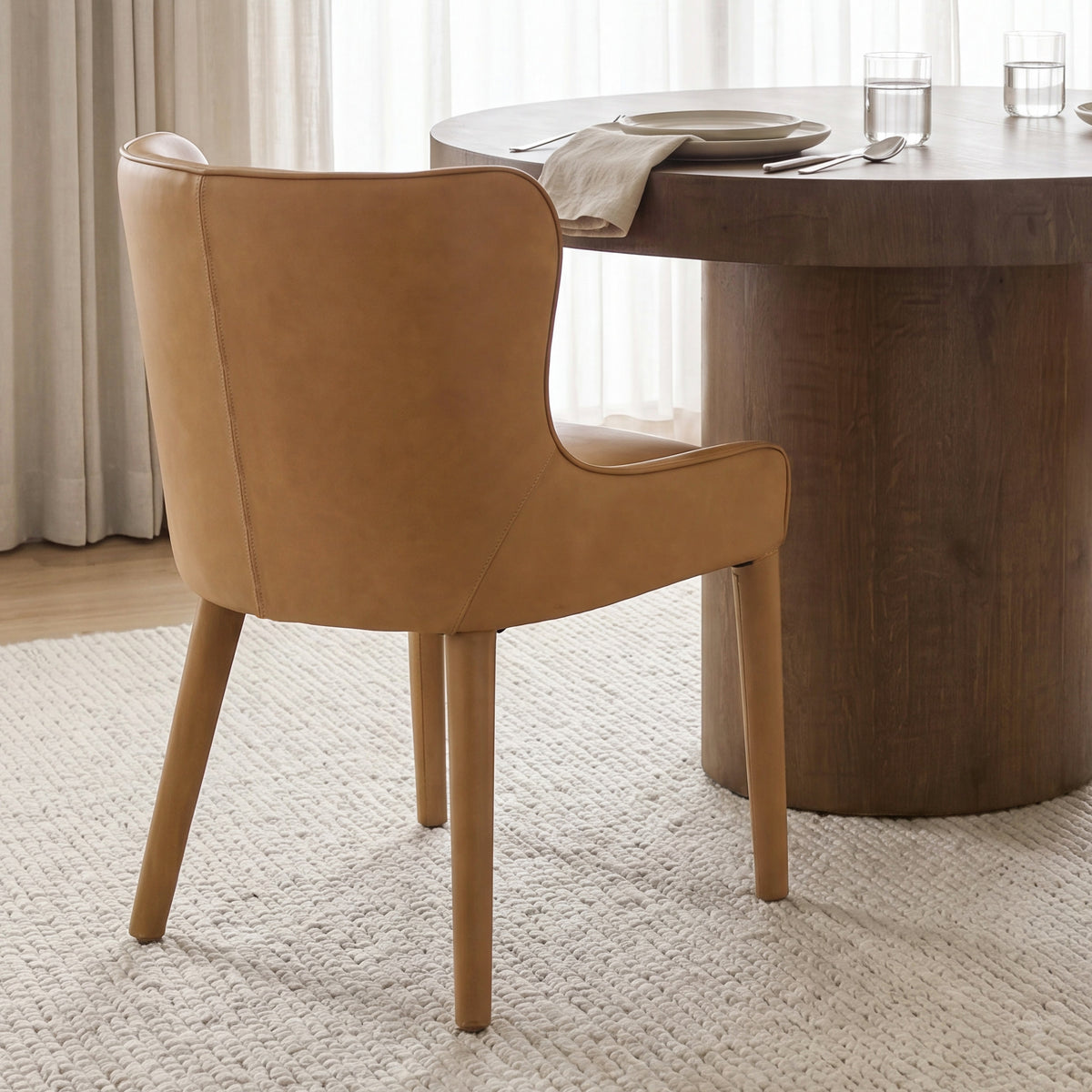 Nolan Wingback Dining Side Chair | Tan Leather w/ Tapered Wood-Dining Chairs-DECOROLALA