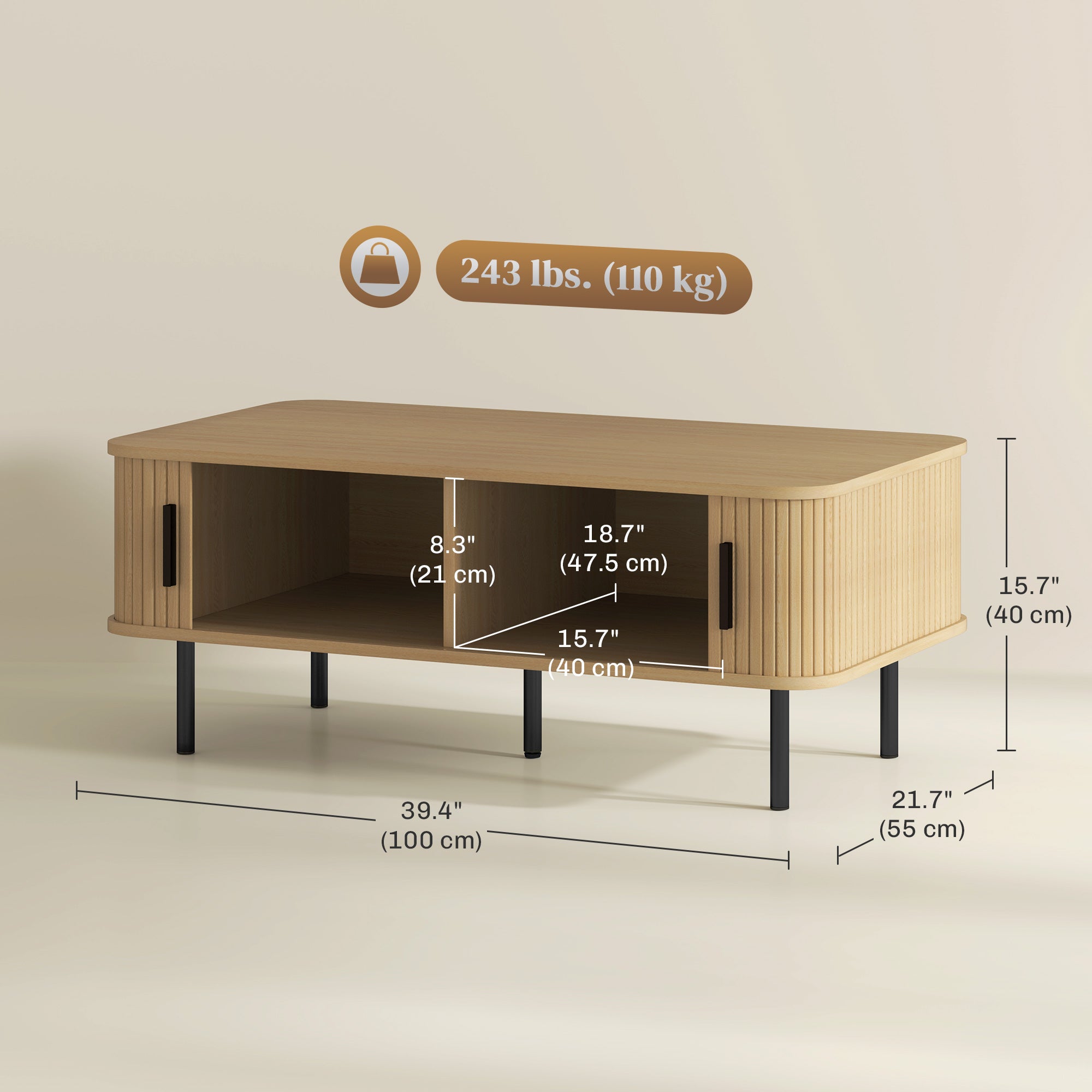 Nordic Coffee Table - Oak with Fluted Sliding Doors-Home Furnishings > Living Room Furniture > Coffee Tables-DECOROLALA