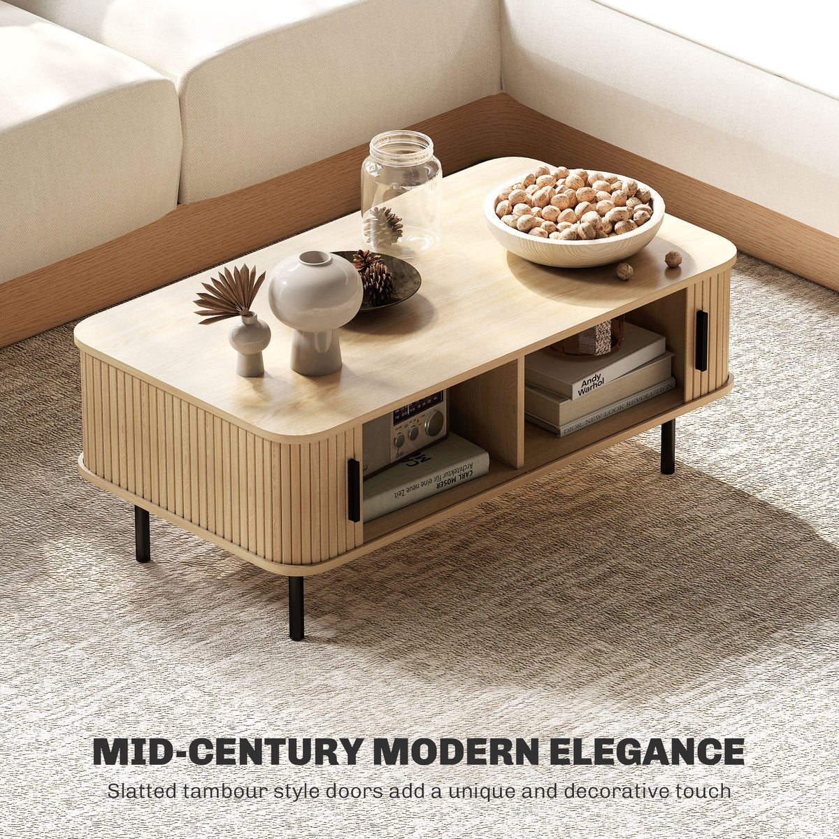 Nordic Coffee Table - Oak with Fluted Sliding Doors-Home Furnishings > Living Room Furniture > Coffee Tables-DECOROLALA