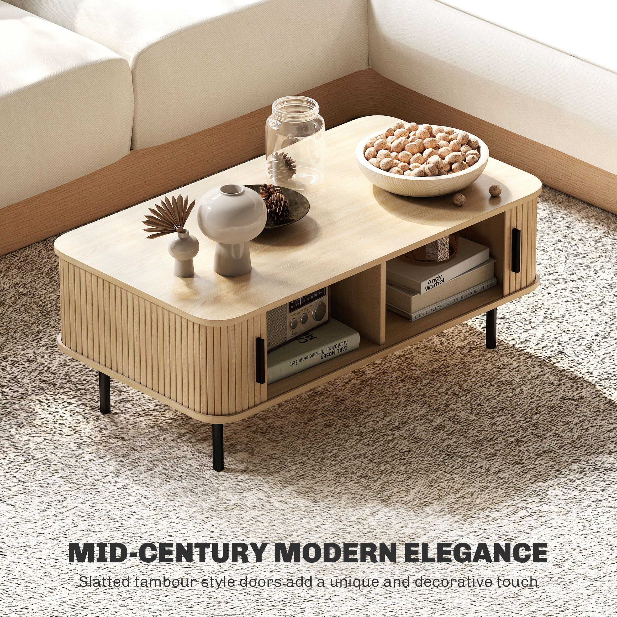 Nordic Coffee Table - Oak with Fluted Sliding Doors-Home Furnishings > Living Room Furniture > Coffee Tables-DECOROLALA