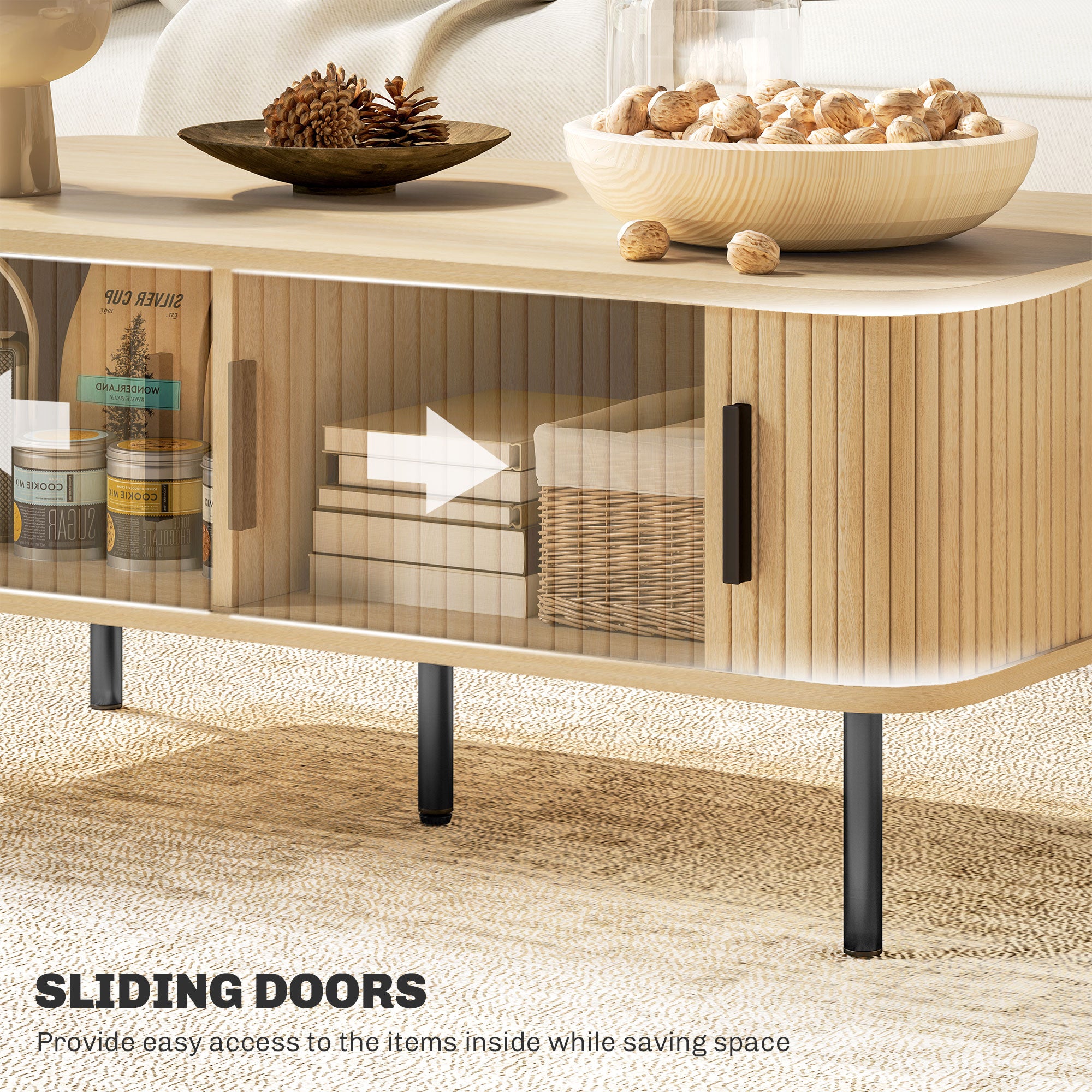 Nordic Coffee Table - Oak with Fluted Sliding Doors-Home Furnishings > Living Room Furniture > Coffee Tables-DECOROLALA