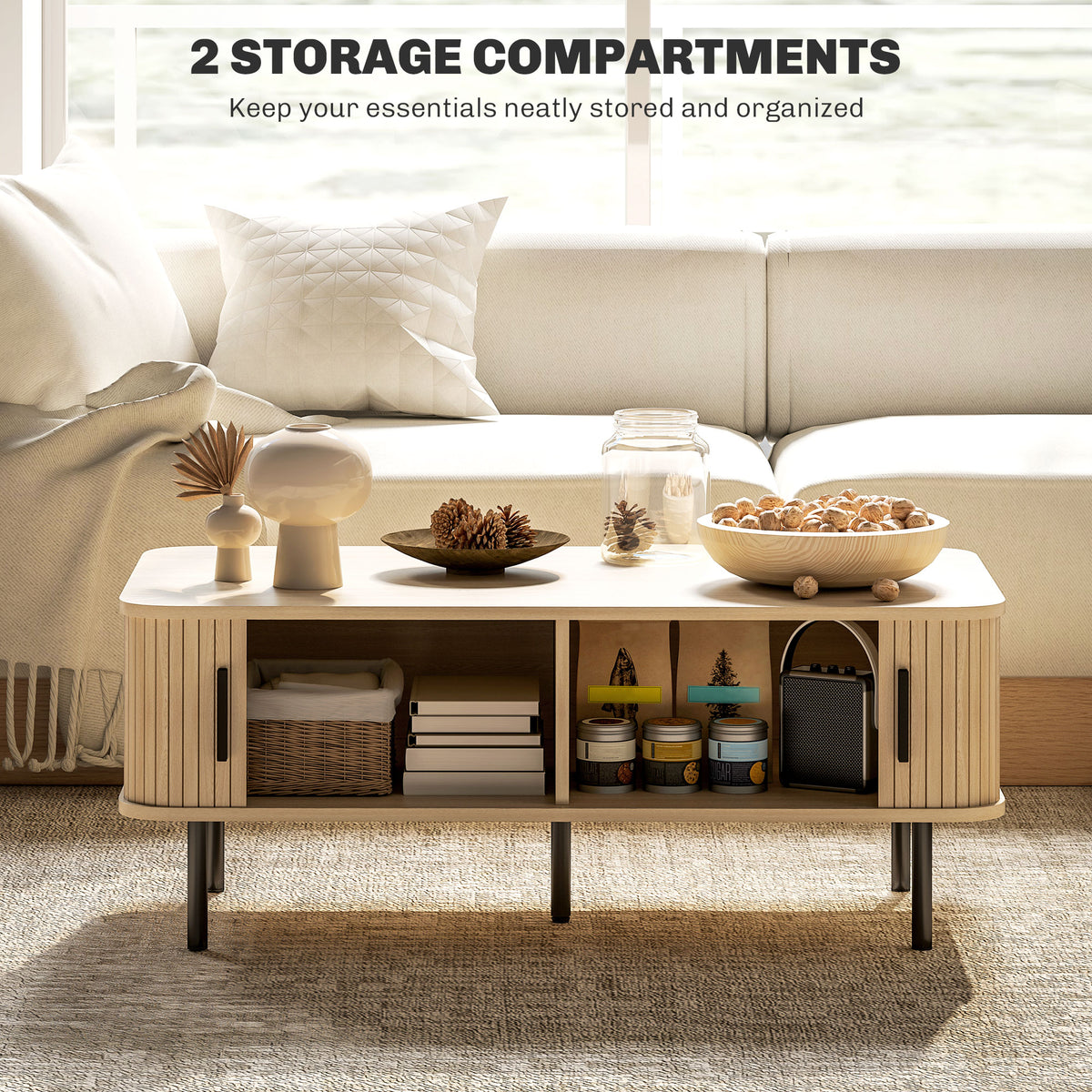 Nordic Coffee Table - Oak with Fluted Sliding Doors-Home Furnishings > Living Room Furniture > Coffee Tables-DECOROLALA