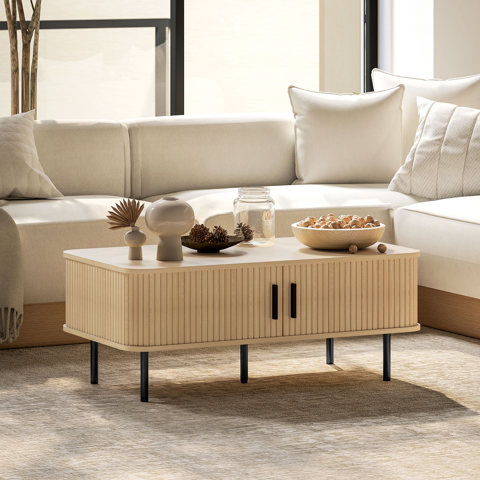 Nordic Coffee Table - Oak with Fluted Sliding Doors-Home Furnishings > Living Room Furniture > Coffee Tables-DECOROLALA