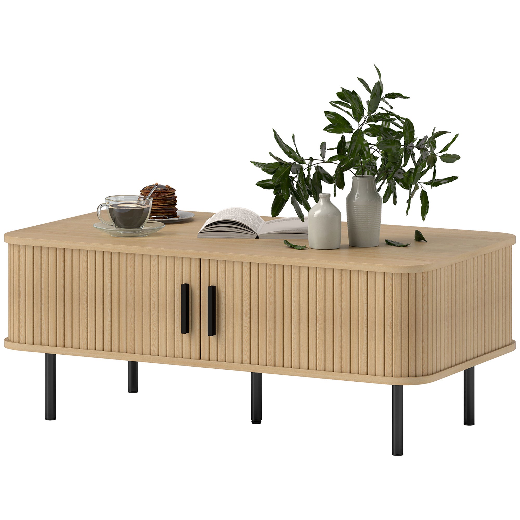 Nordic Coffee Table - Oak with Fluted Sliding Doors-Home Furnishings > Living Room Furniture > Coffee Tables-DECOROLALA