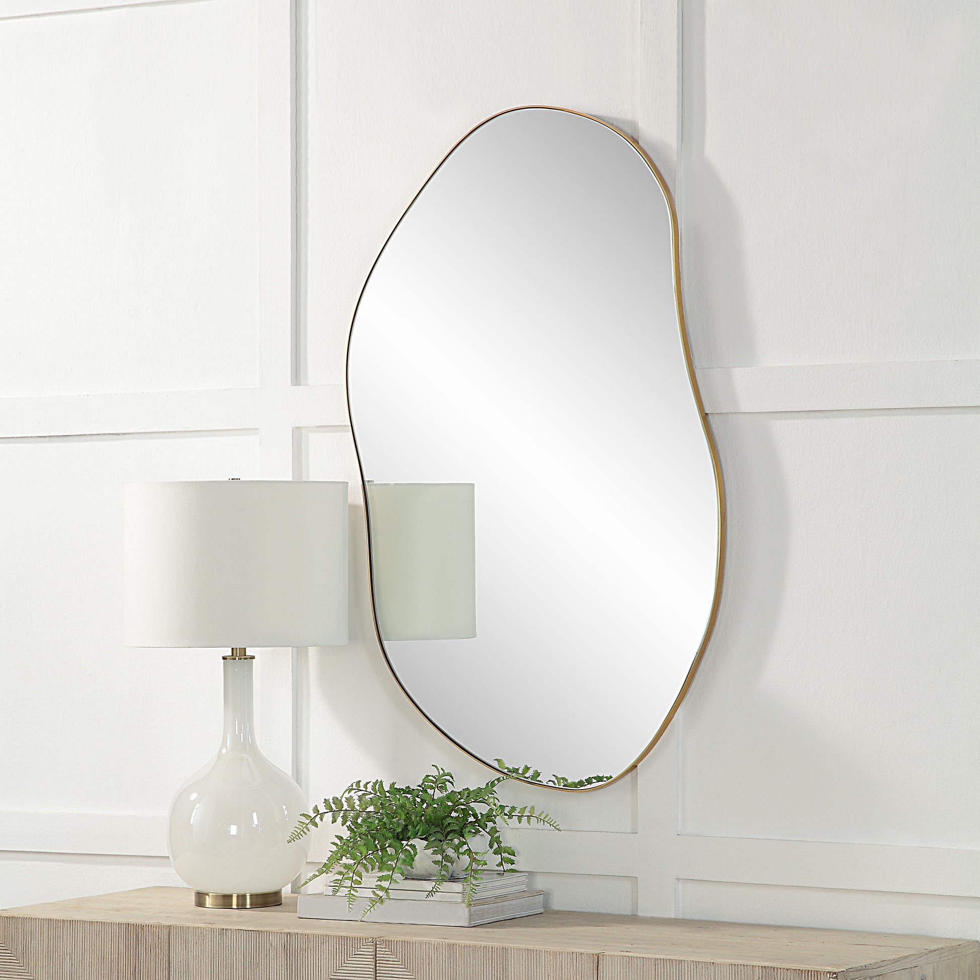 Noria 45" Tall Irregular Rectangular Oval Mirror, Burnished Brass-Mirror-DECOROLALA