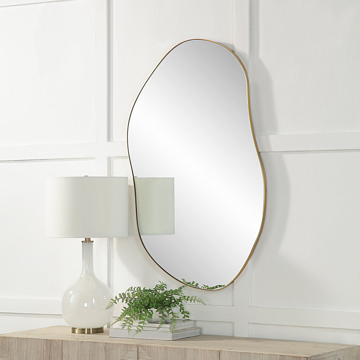 Noria 45" Tall Irregular Rectangular Oval Mirror, Burnished Brass-Mirrors-DECOROLALA