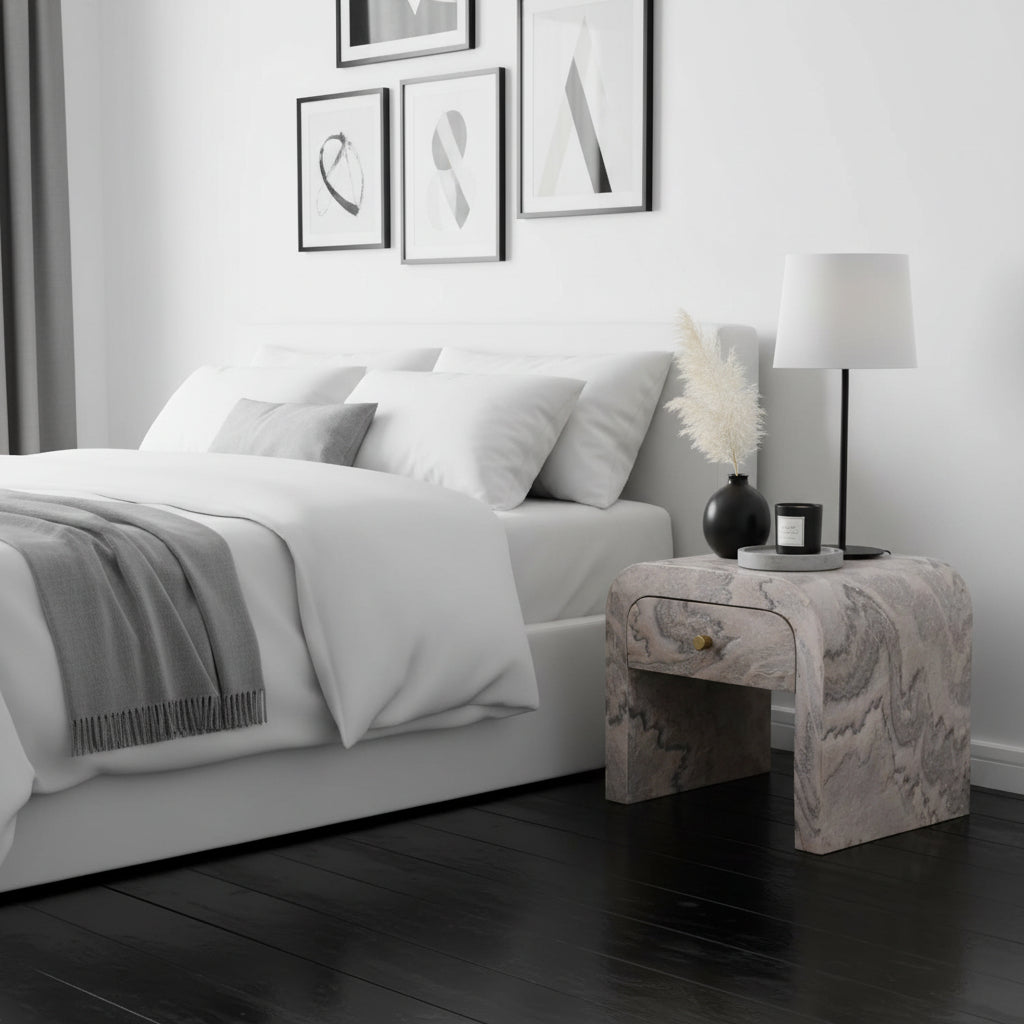 Nouveau Nightstand - Solid Mango Wood with Marble Effect Stone Veneer-Nightstand-DECOROLALA