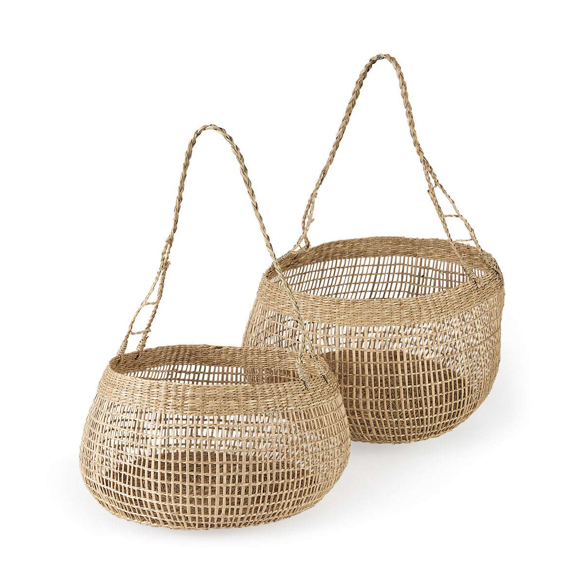 Nova 15.0L x 15.0W x 9.4H (Set of 2) Light Brown Seagrass Woven Round Basket W/ Long Handle-Decorative Baskets-DECOROLALA