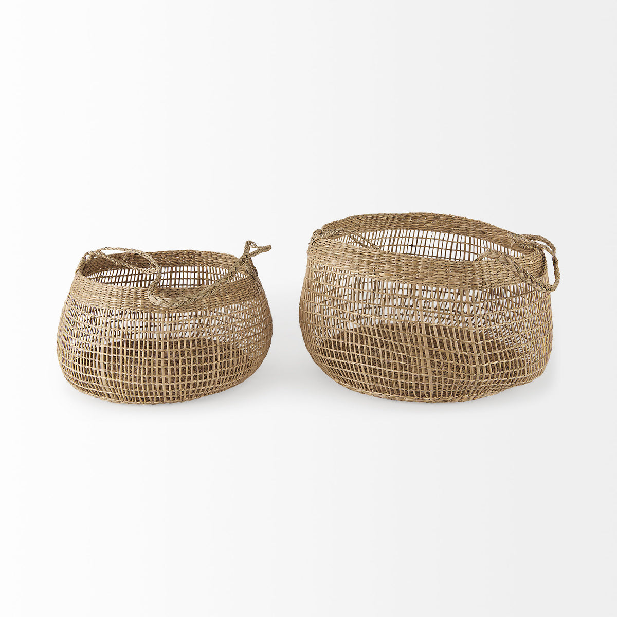 Nova 15.0L x 15.0W x 9.4H (Set of 2) Light Brown Seagrass Woven Round Basket W/ Long Handle-Decorative Baskets-DECOROLALA