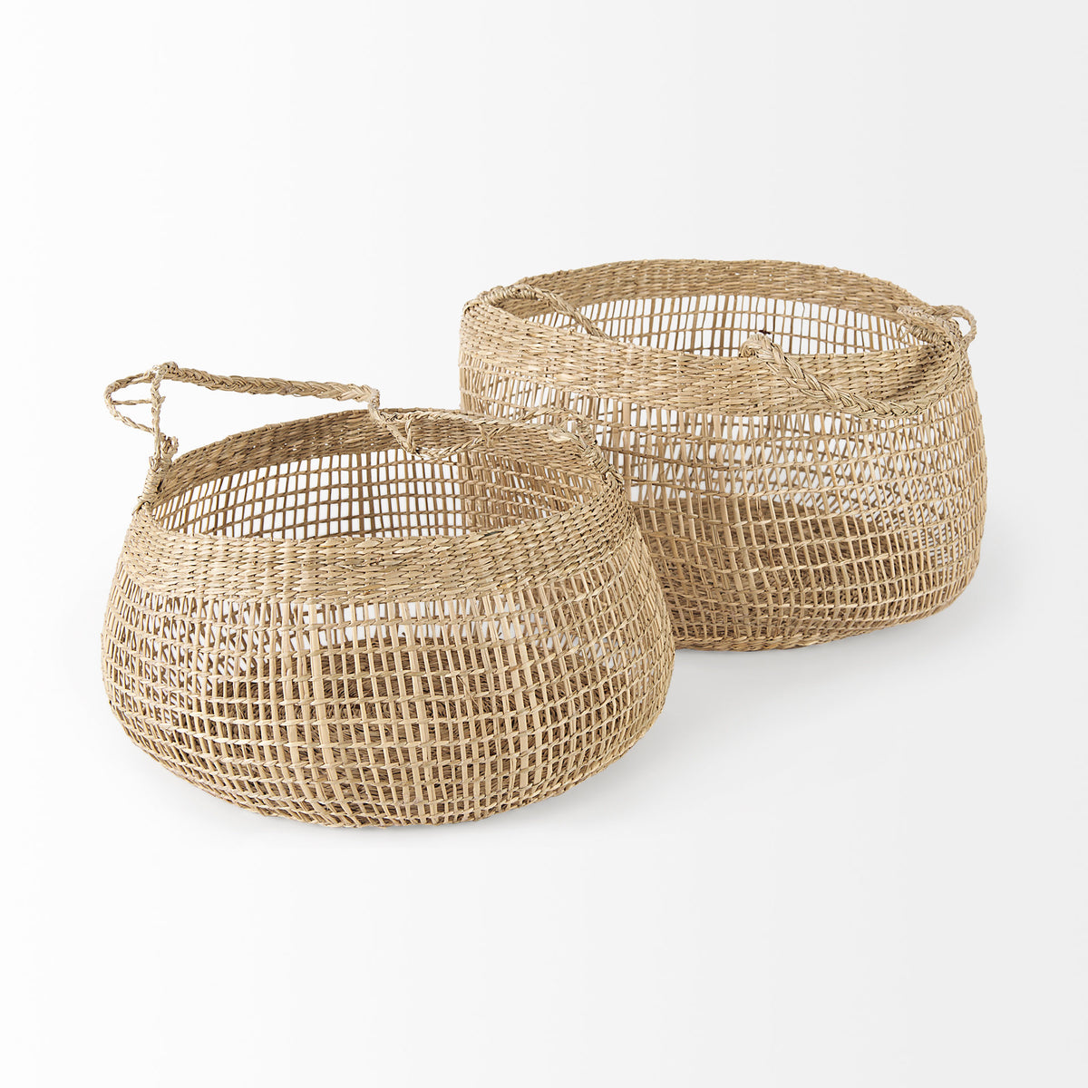 Nova 15.0L x 15.0W x 9.4H (Set of 2) Light Brown Seagrass Woven Round Basket W/ Long Handle-Decorative Baskets-DECOROLALA
