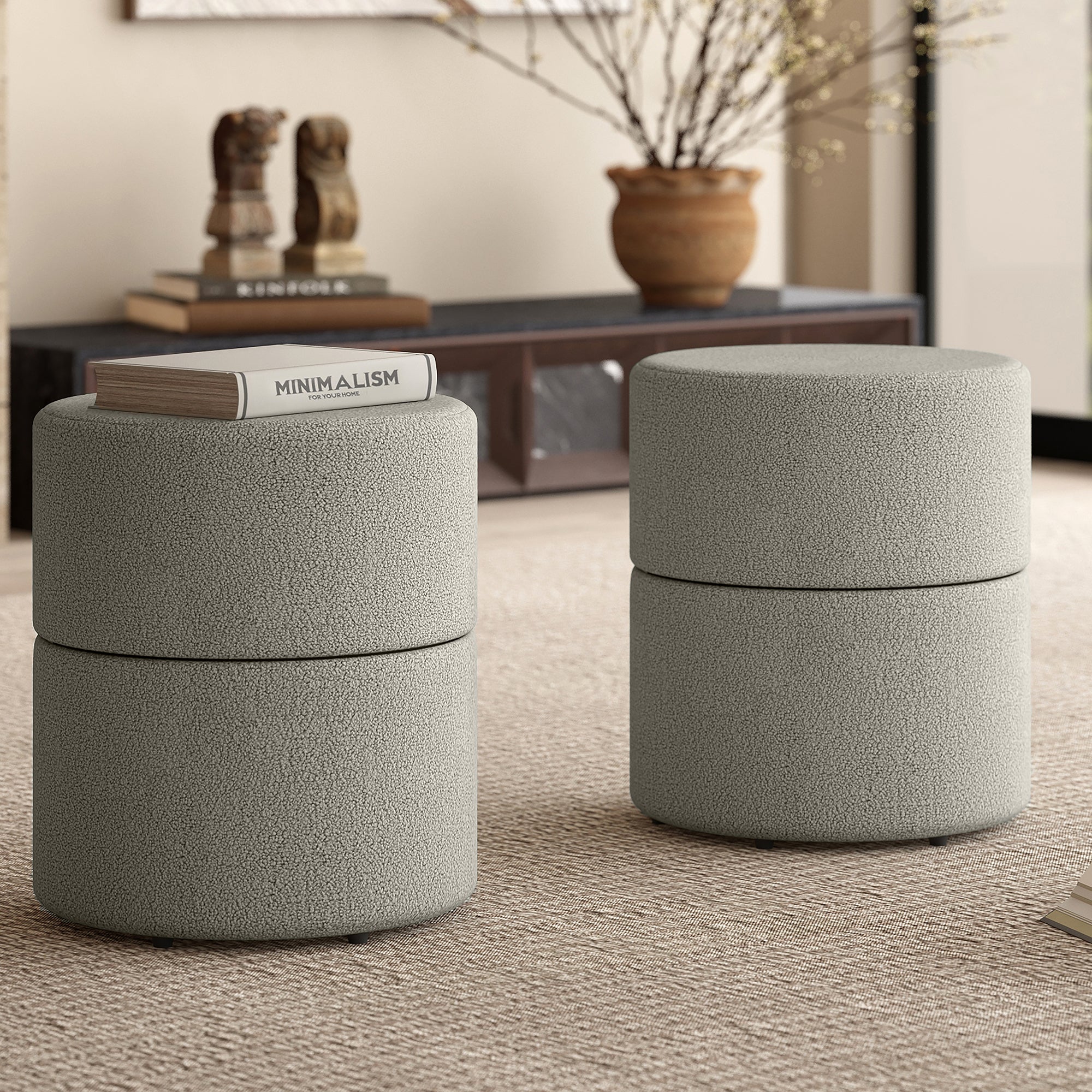 Novar Round Swivel Ottoman - Warm Grey Boucle Stool-DECOROLALA
