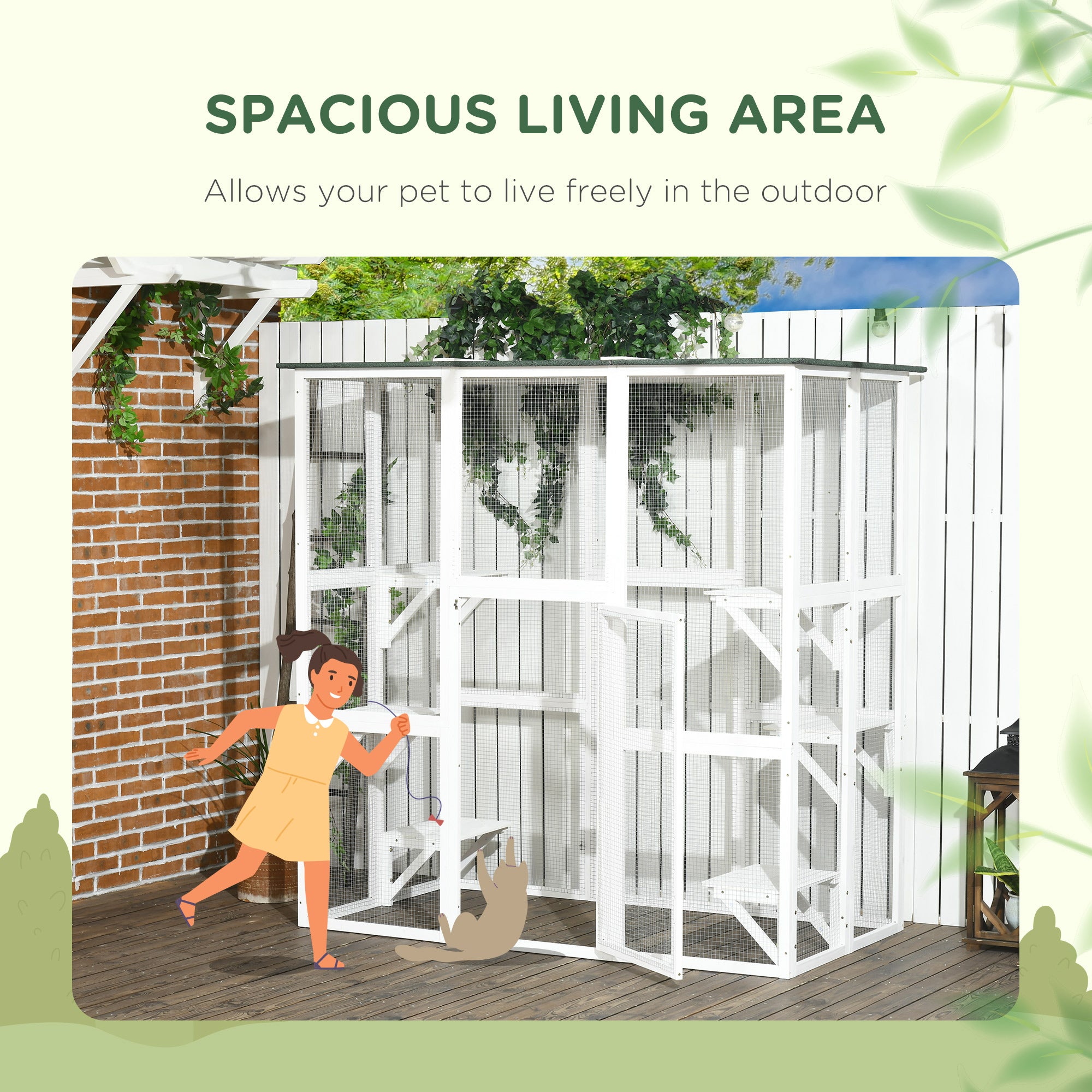 Grande enclosure extérieure pour chats, patio en bois pour chats avec 6 plateformes équilibrées et toit en asphalte, 70.9" x 38.6" x 70.9", blanc