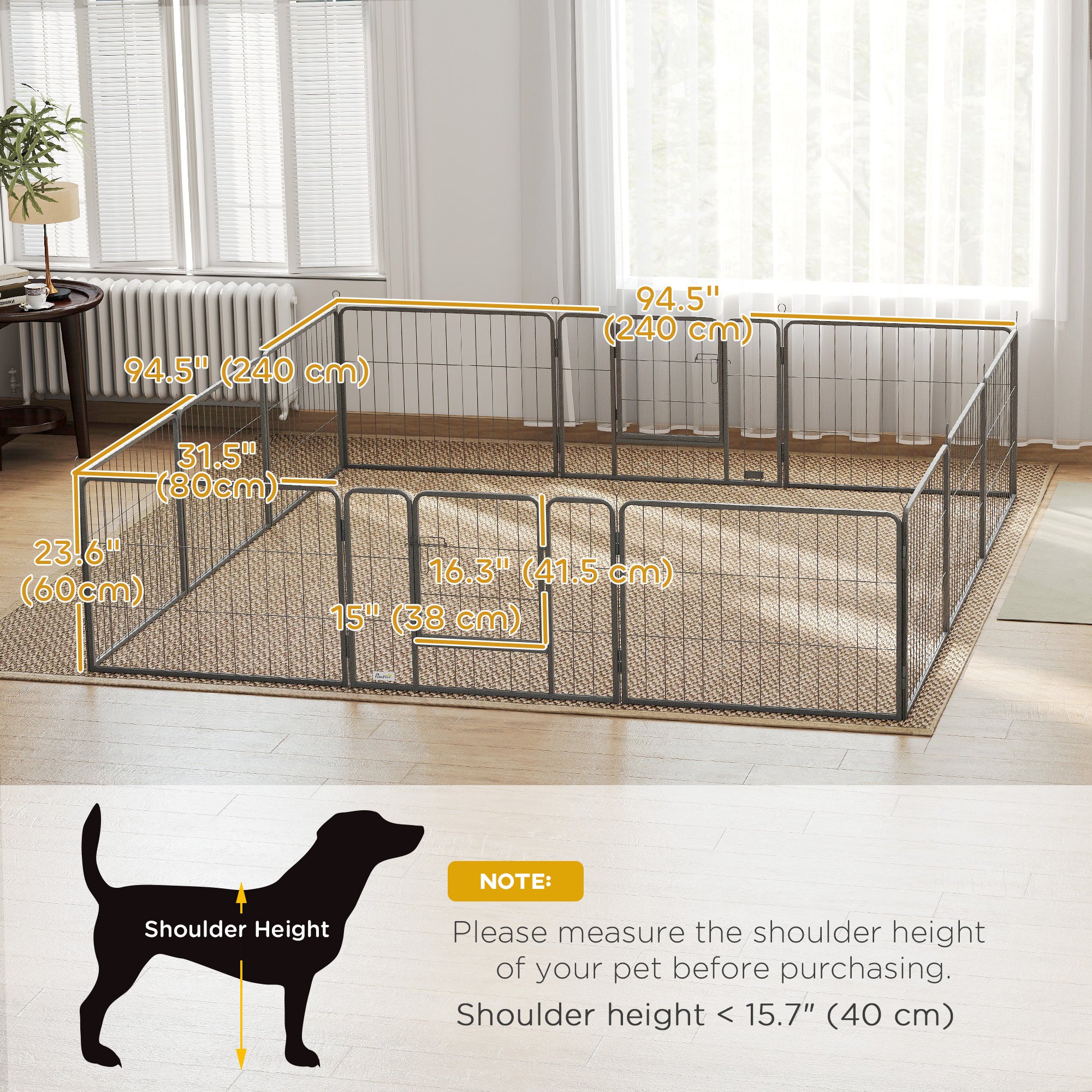 Parc pour chiens, enclos robuste en métal de 31.5"W, clôture d’exercice pour animaux d’intérieur et d’extérieur, conception modulable avec porte pour petits chiens, 12 panneaux, 23.5"H