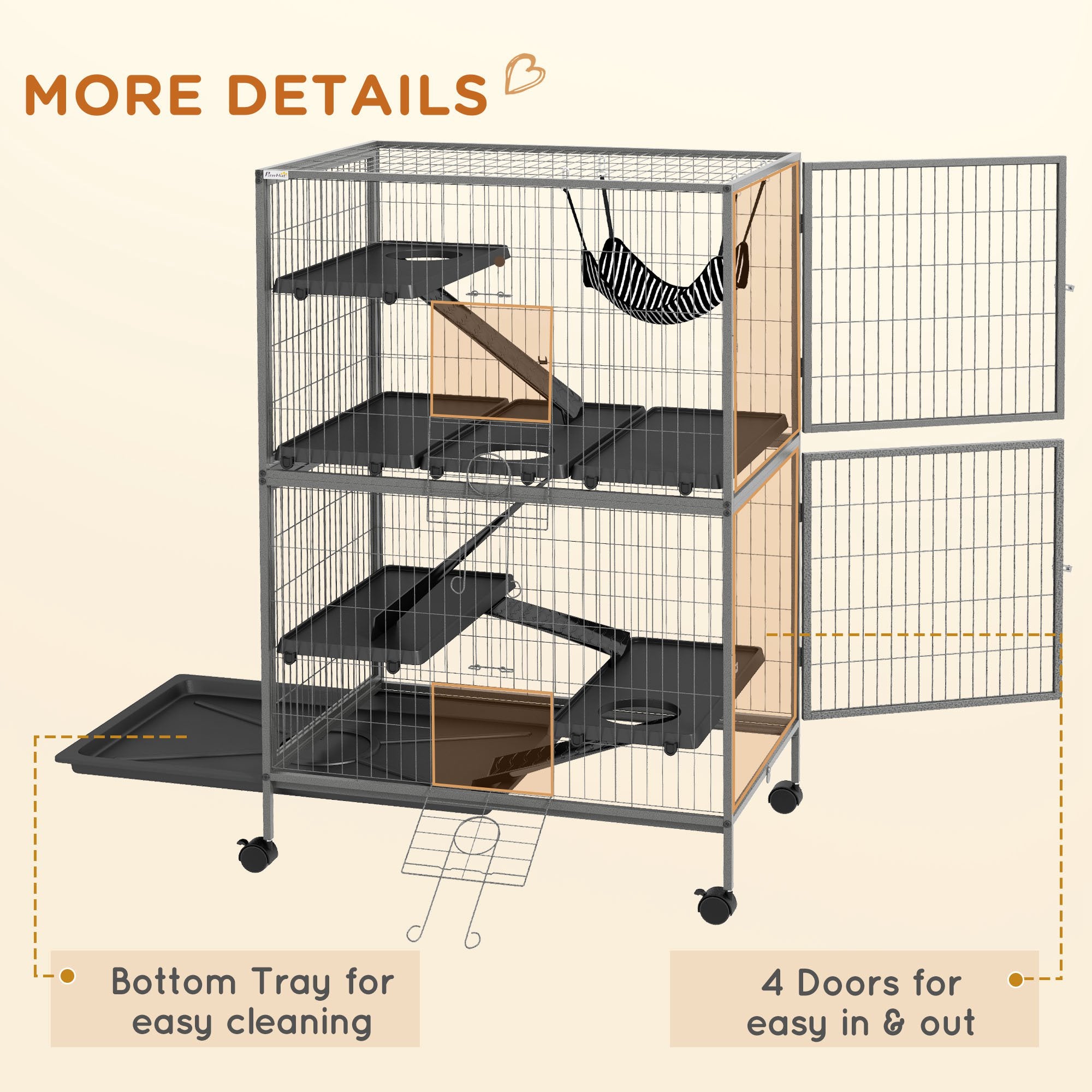 5-Tier Rolling Small Animal Cage, Deluxe Guinea Pig Cage, Ferret Cage for Mink Chinchilla Kitten Rabbit Grey