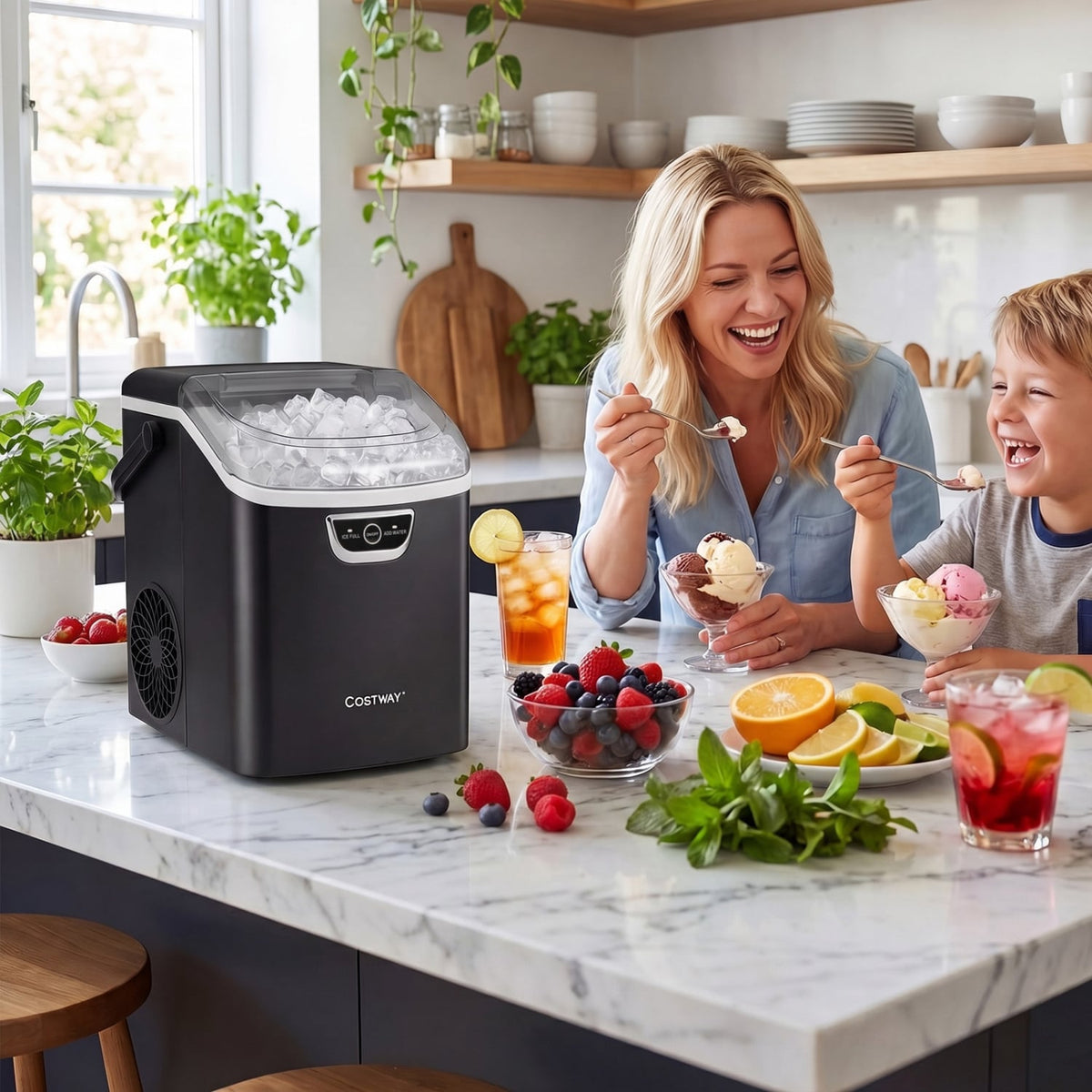 Nugget Ice Maker Countertop with Audible Ice Full Alarm-Black-Ice Makers-DECOROLALA