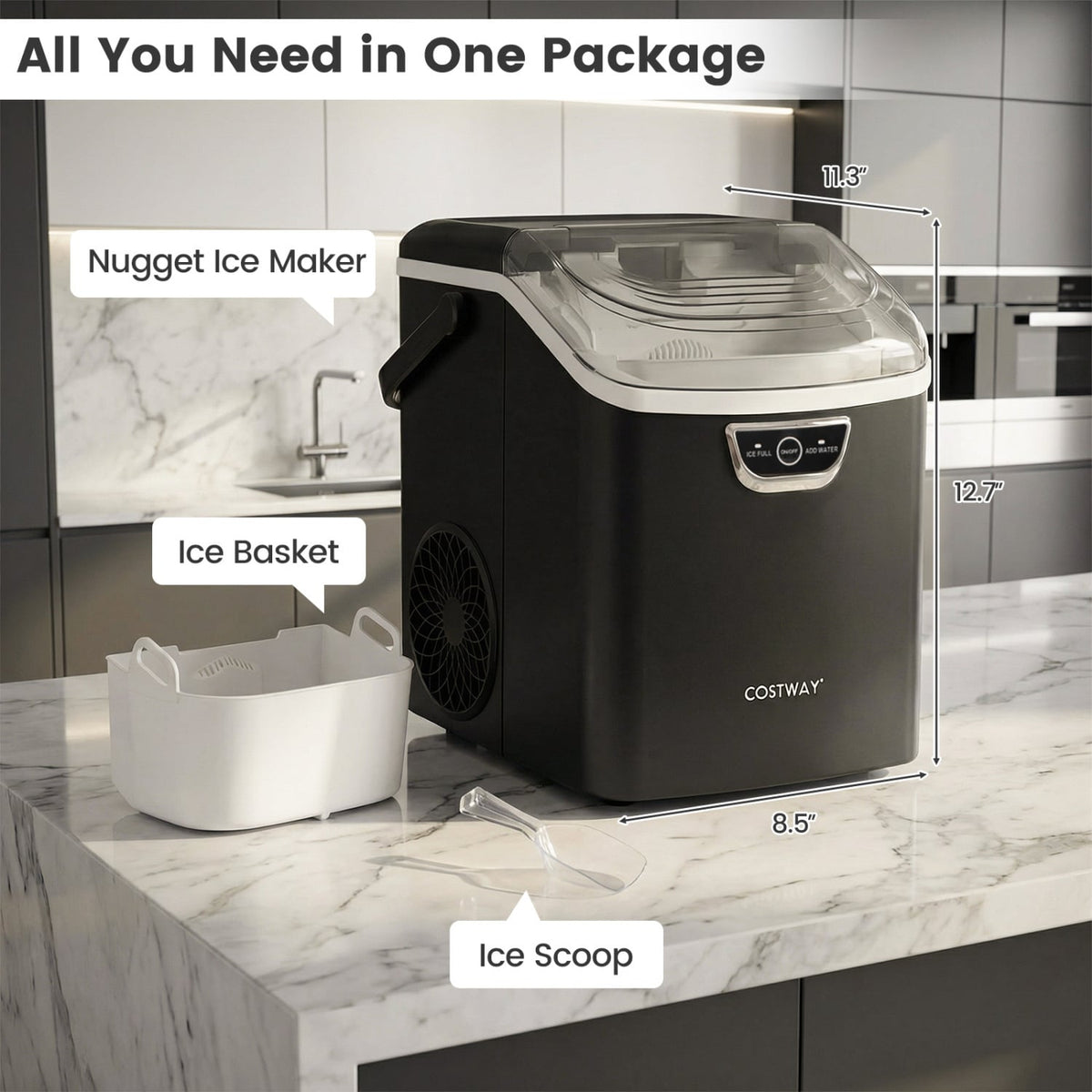 Nugget Ice Maker Countertop with Audible Ice Full Alarm-Black-Ice Makers-DECOROLALA